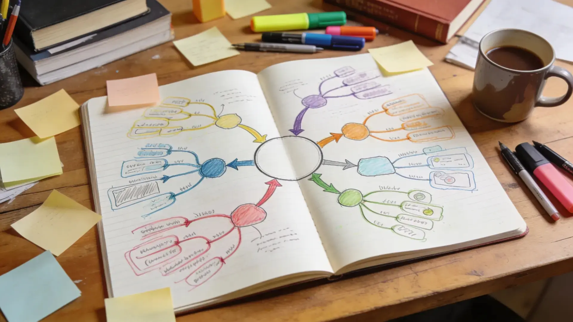 open notebook with a colorful hand-drawn mind map, sticky notes, pens, books, and coffee on a wooden study desk