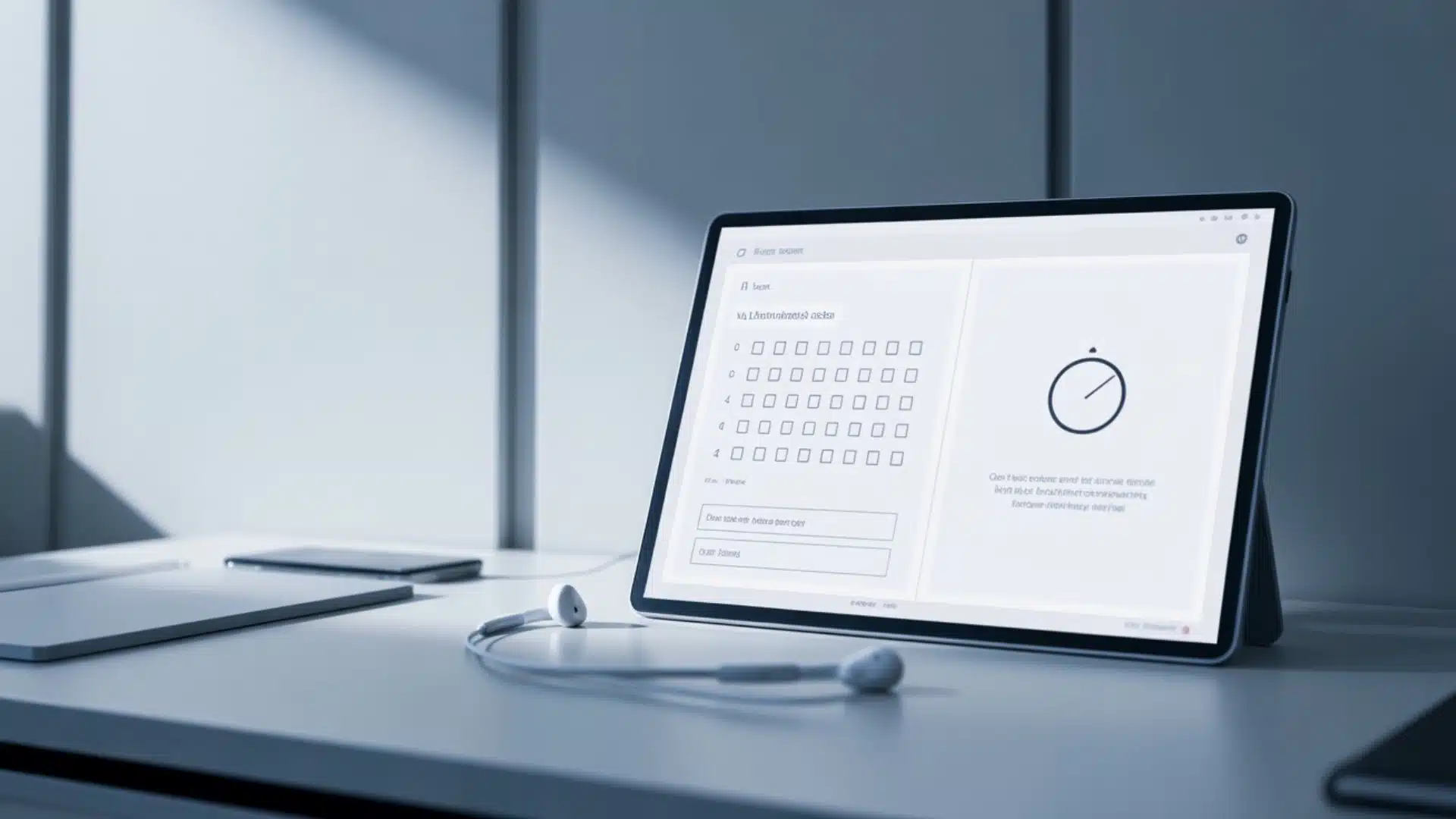 modern tablet displaying a digital exam interface with timer on a clean white desk with earbuds nearby