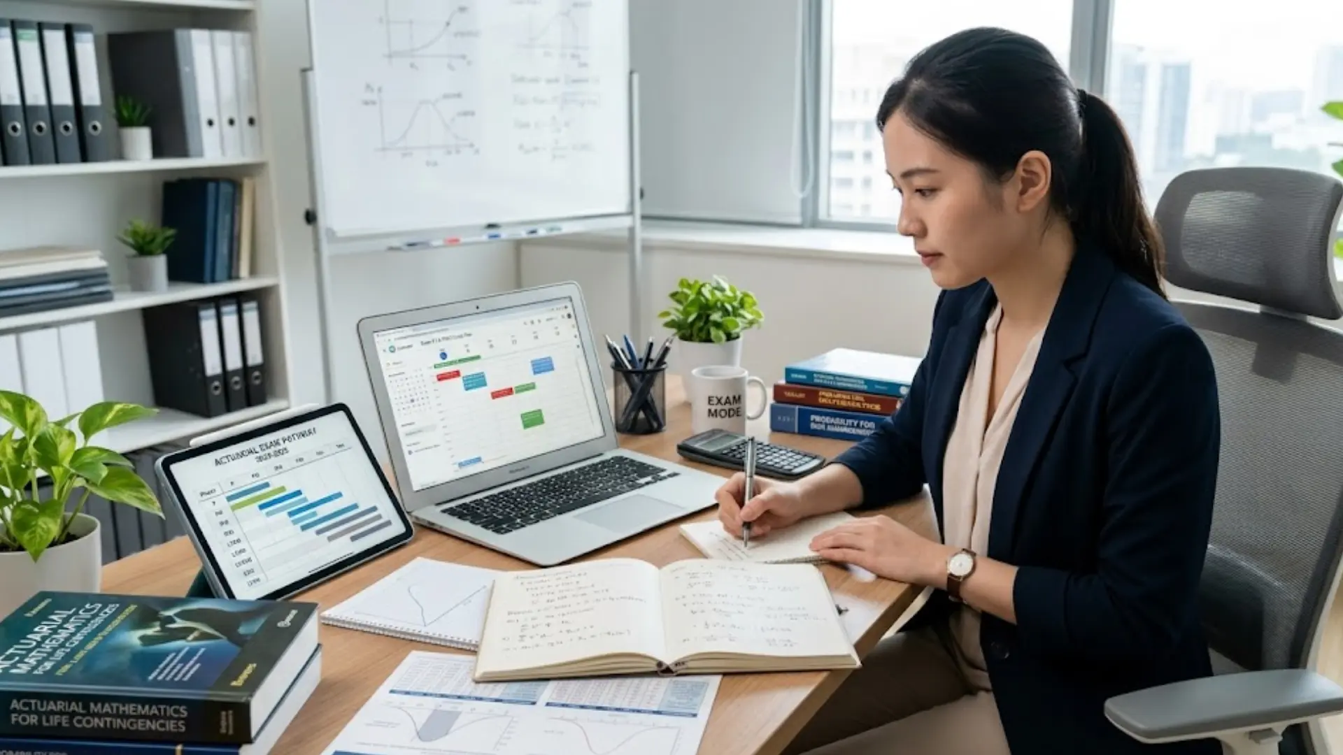 actuarial candidate plans study schedule at a desk with financial textbooks, charts, laptop, and tablet