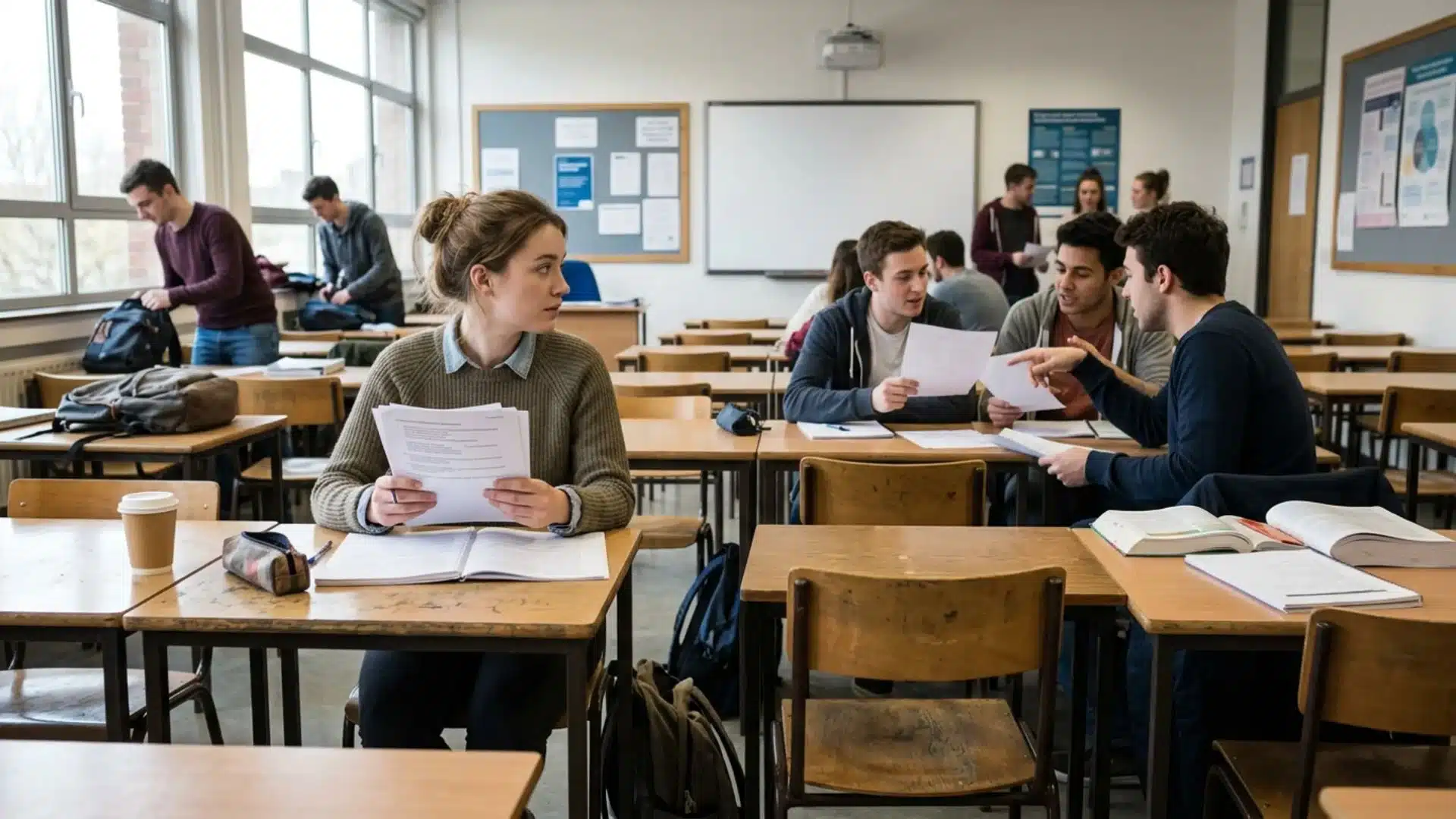 student sitting alone with exam papers while classmates discuss answers, choosing to avoid post-exam anxiety triggers