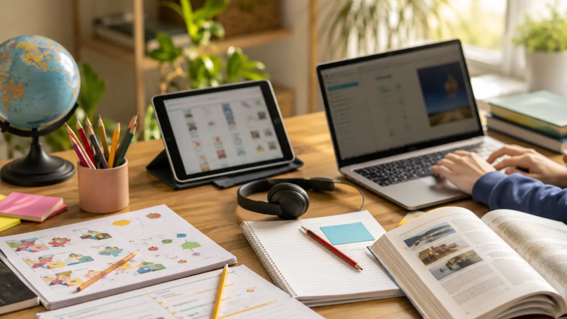 online learning setup with books, notebooks, laptop, tablet, and study materials for different grade levels
