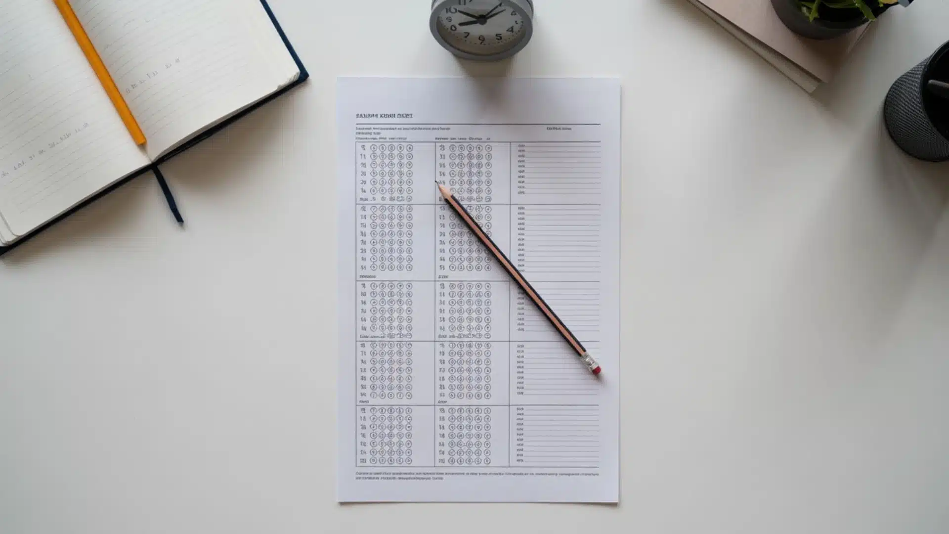 overhead flat-lay of an exam answer sheet with a pencil, clock, notebook, and plant on a white desk