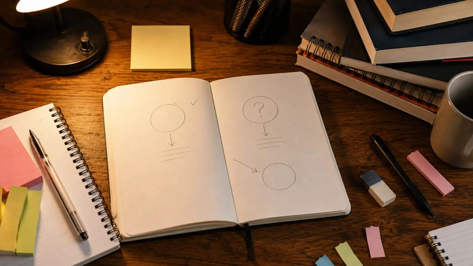 warm study desk with open notebook, sticky notes, pens, books, and soft lamp lighting creating a focused workspace