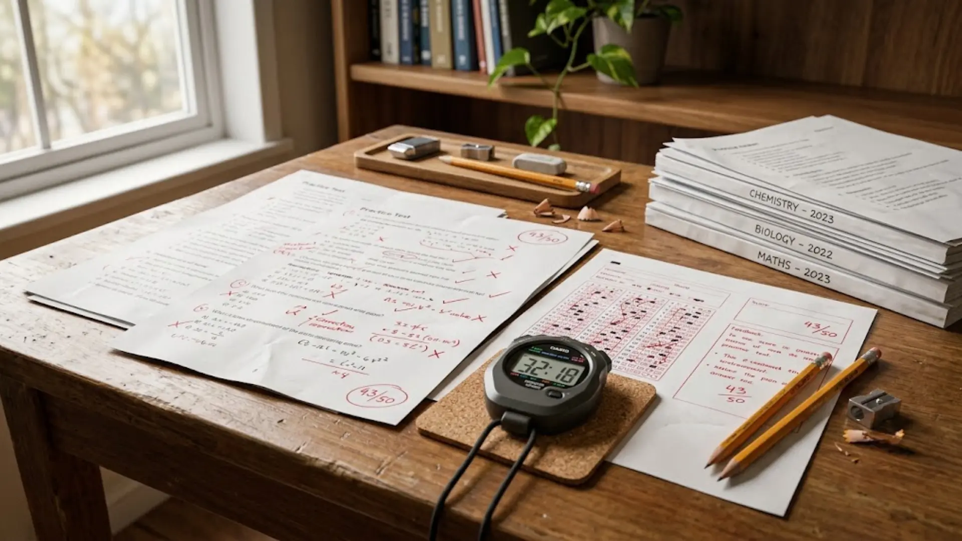 completed practice tests with red correction marks, a stopwatch, and sharpened pencils on a wooden desk