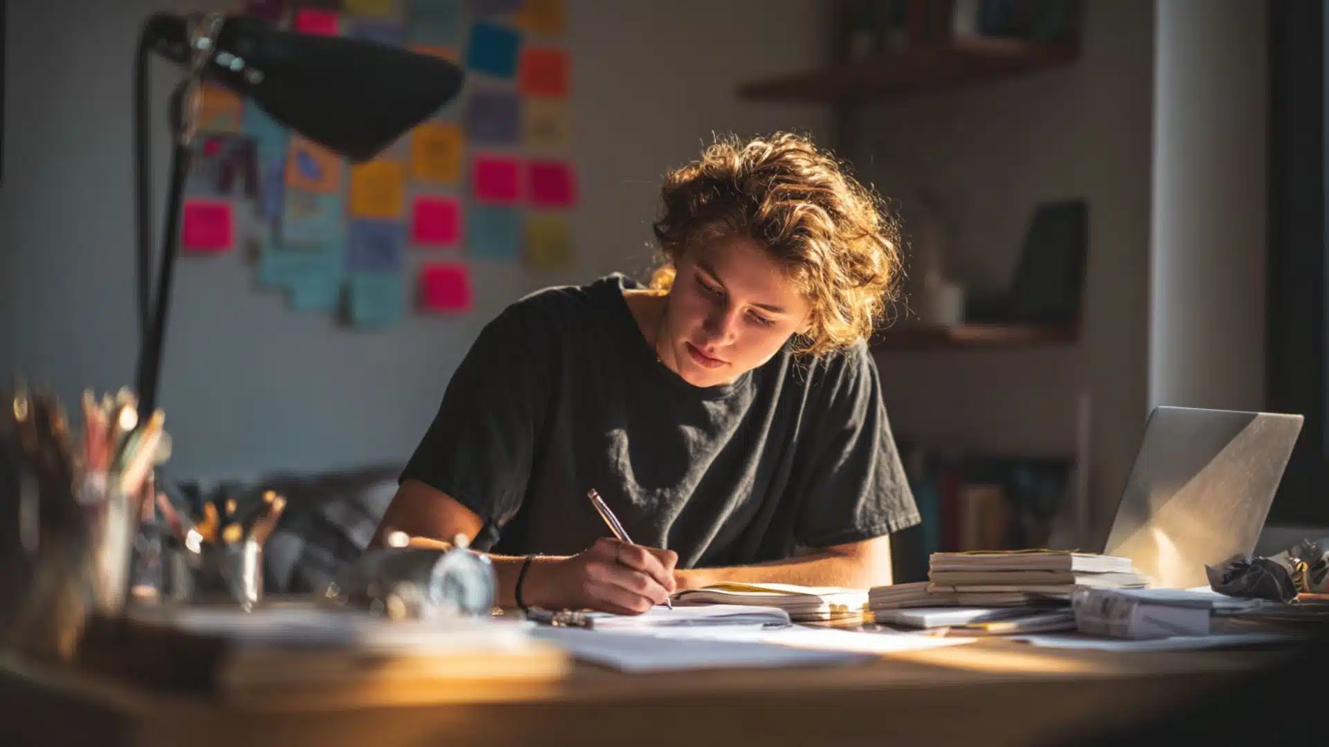student sitting at a desk writing notes with books and sticky notes, applying pre-exam strategies to manage anxiety