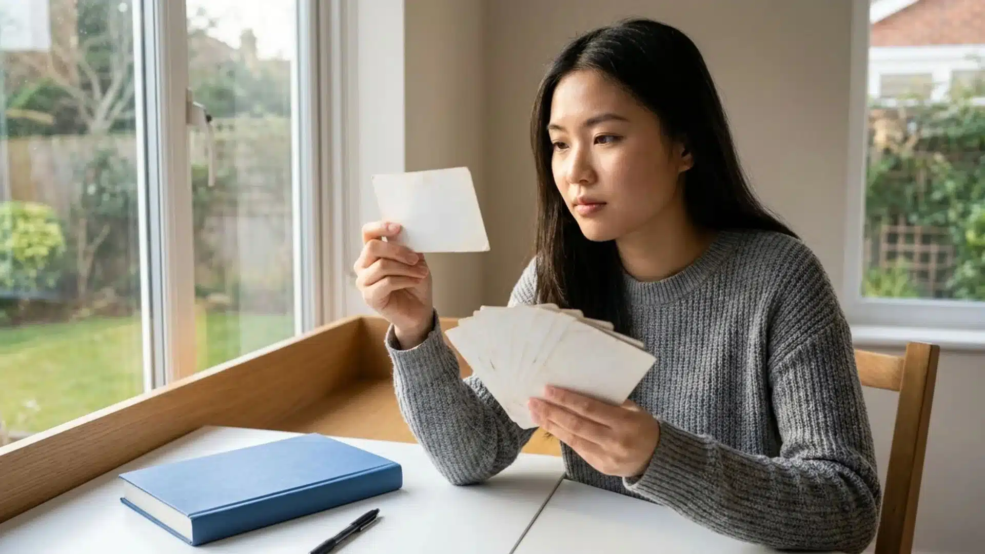 east asian female student reviewing blank flashcards at a sunlit desk with a closed blue textbook