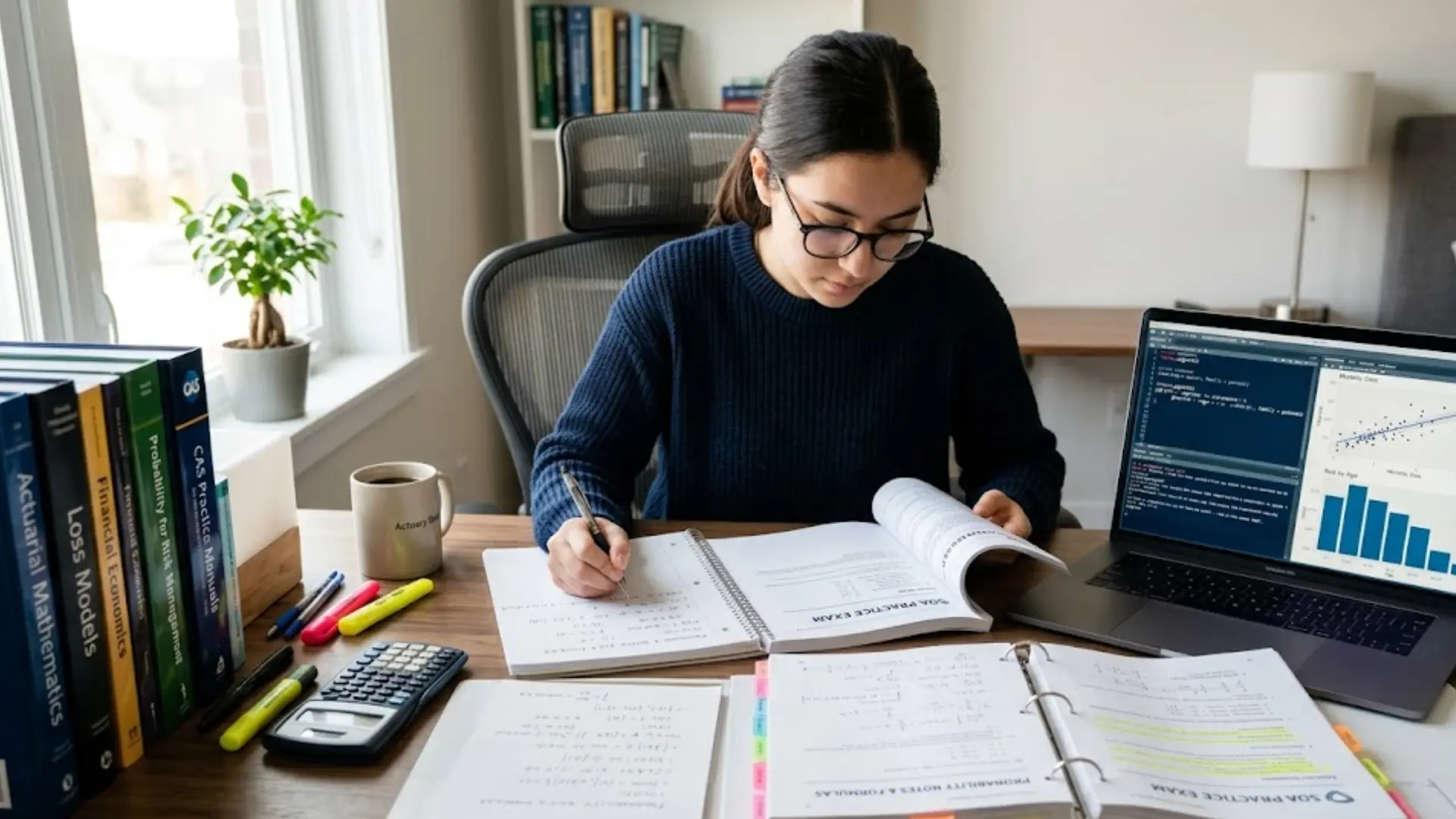 a student focuses on actuarial exam prep at a neat desk with textbooks, a laptop showing data, and formulas