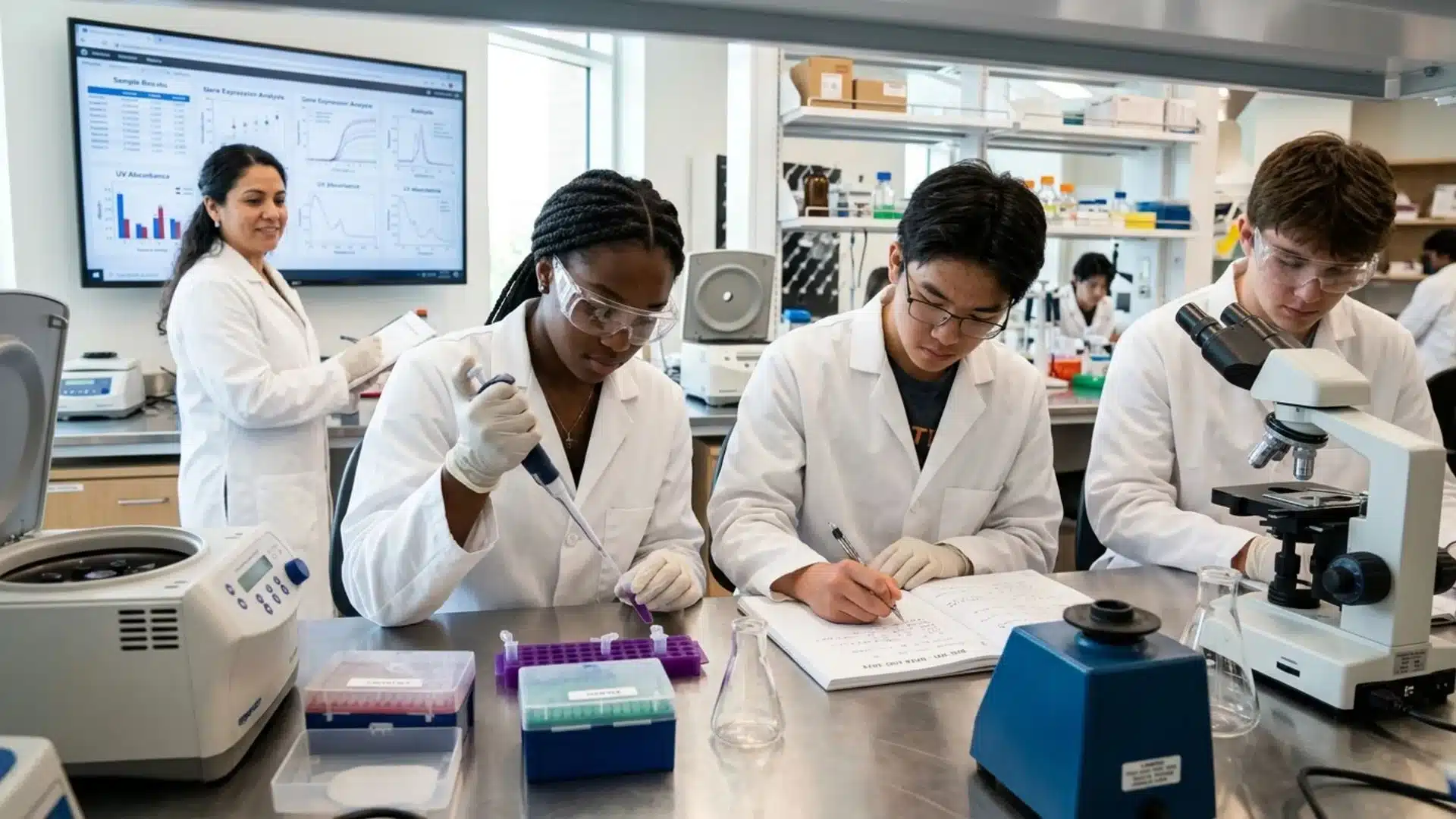 diverse high school students in white lab coats pipetting samples and recording research data with their mentor