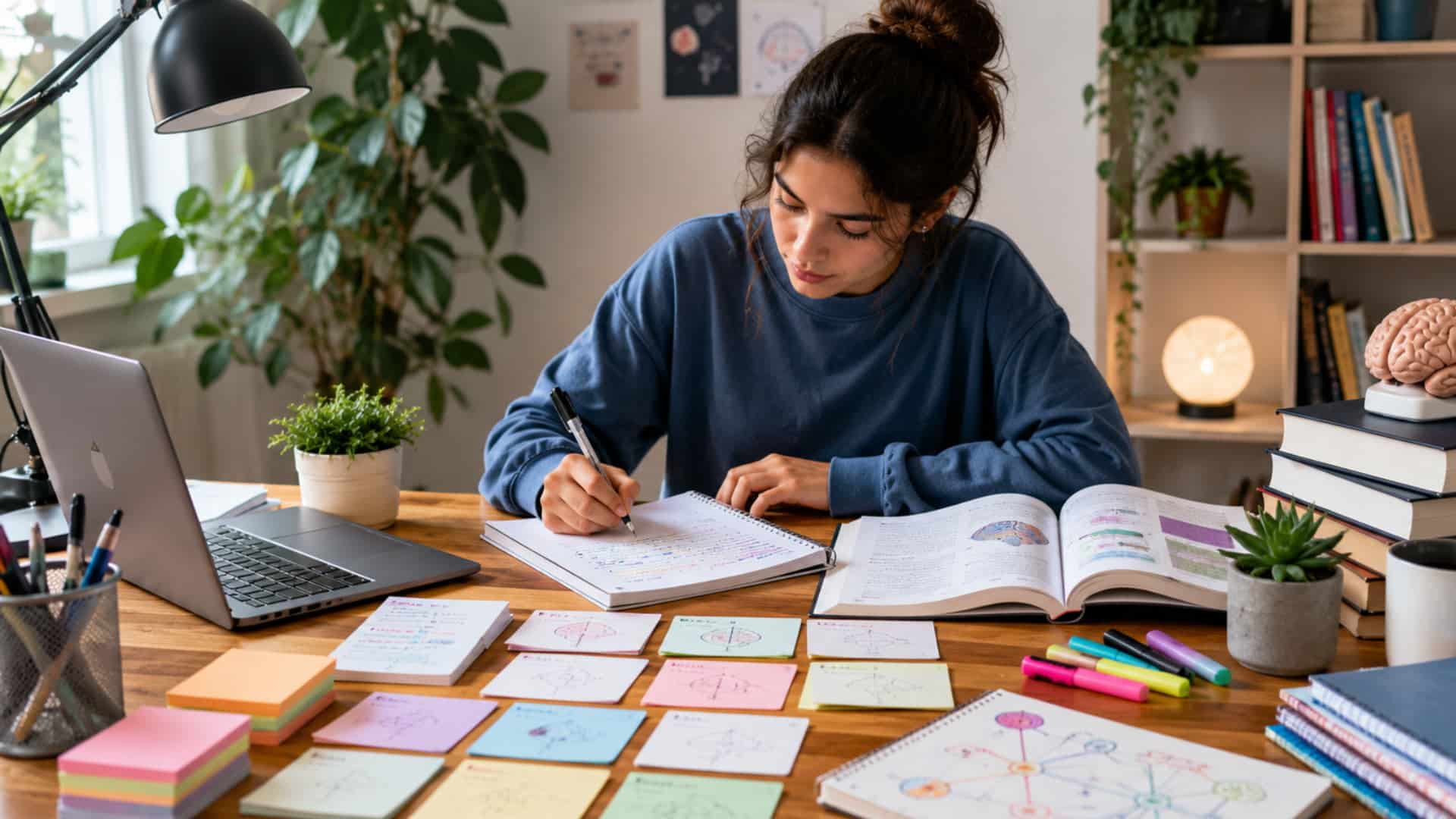 Student using science-backed study techniques with flashcards, notes, and laptop in a focused learning space.