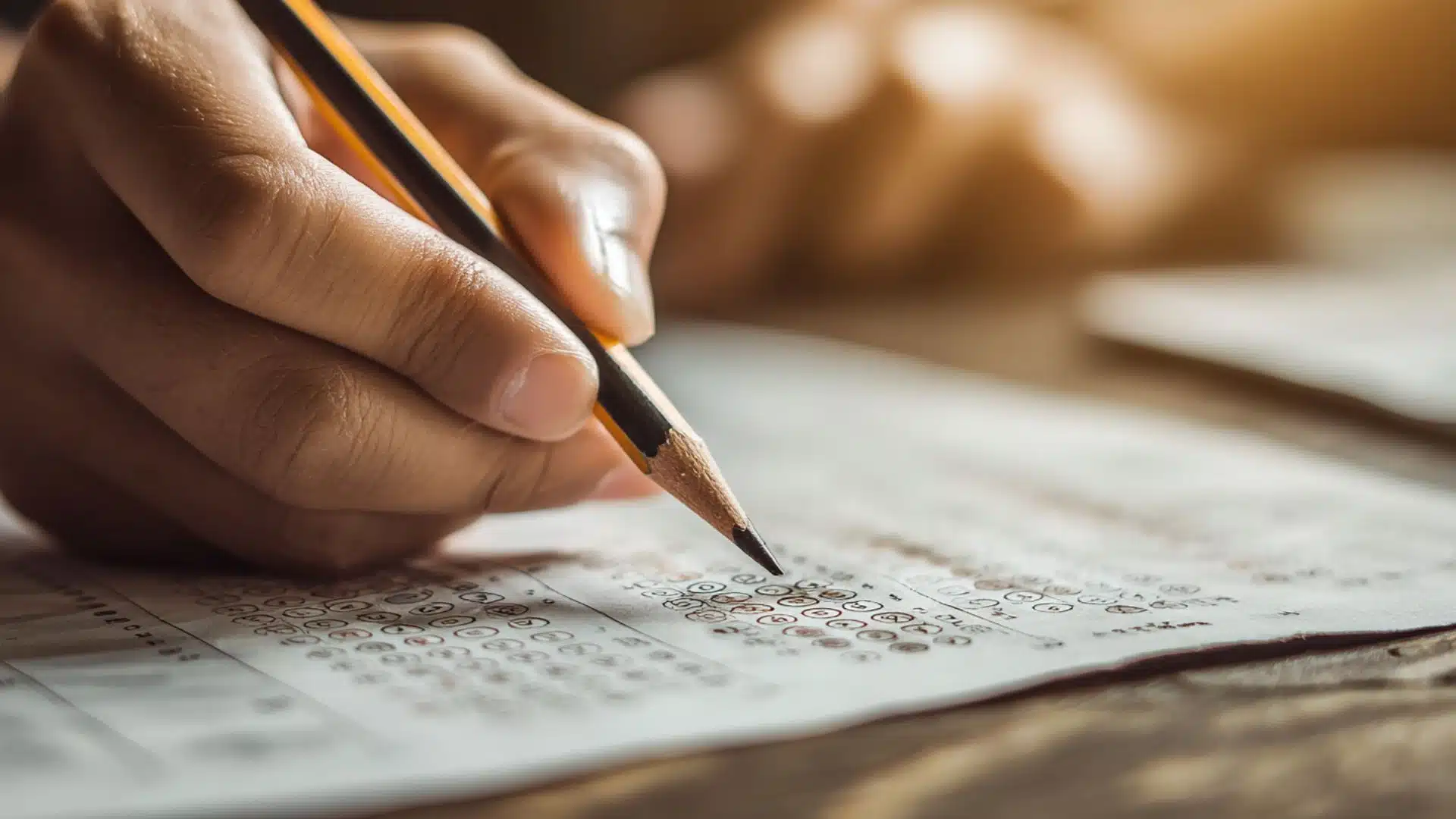 a student carefully marking multiple choice answer bubbles with a pencil on an ap psychology exam sheet