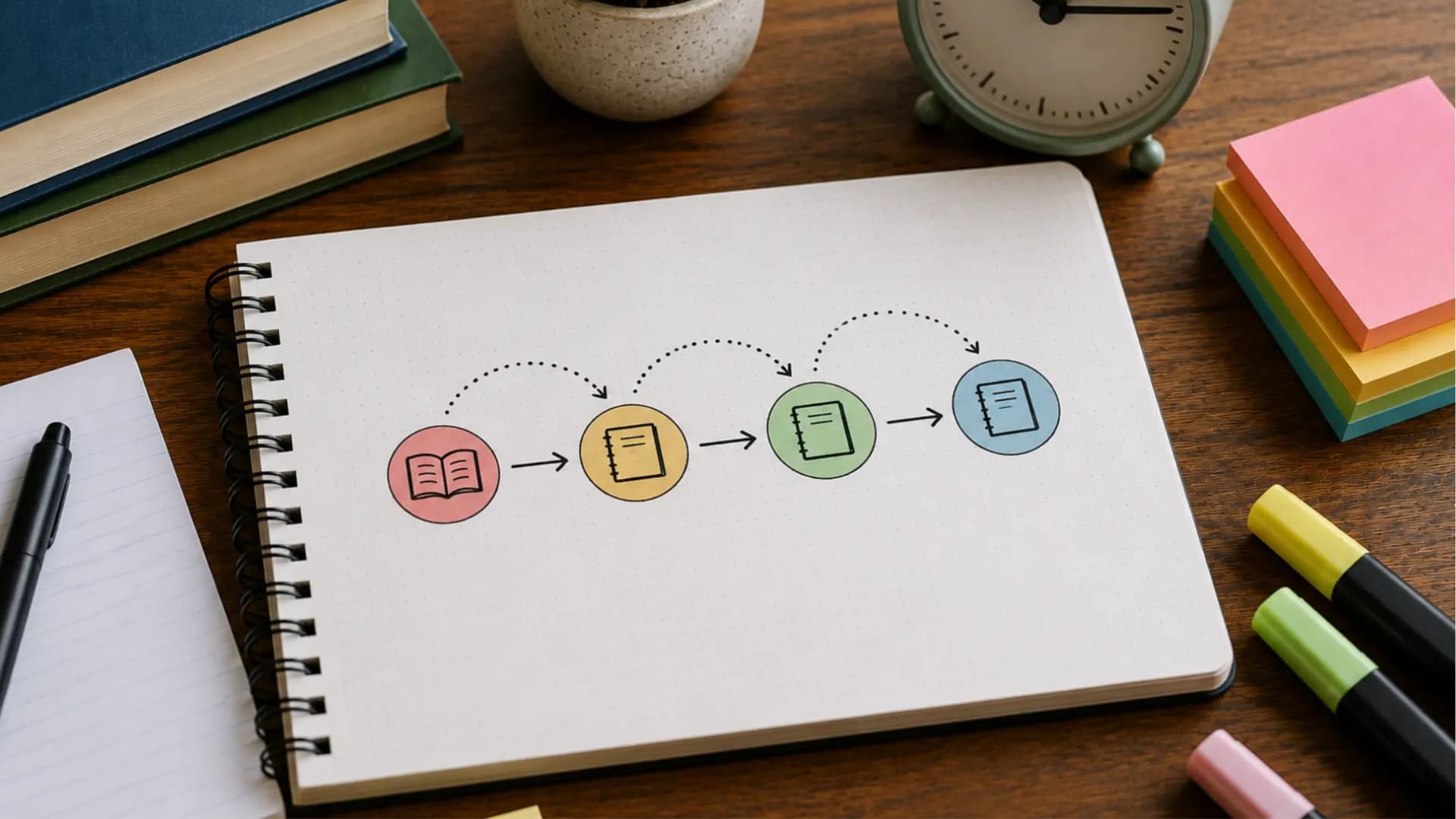 minimal study desk with notebook diagram, books, clock, sticky notes, and colorful stationery on a wooden table
