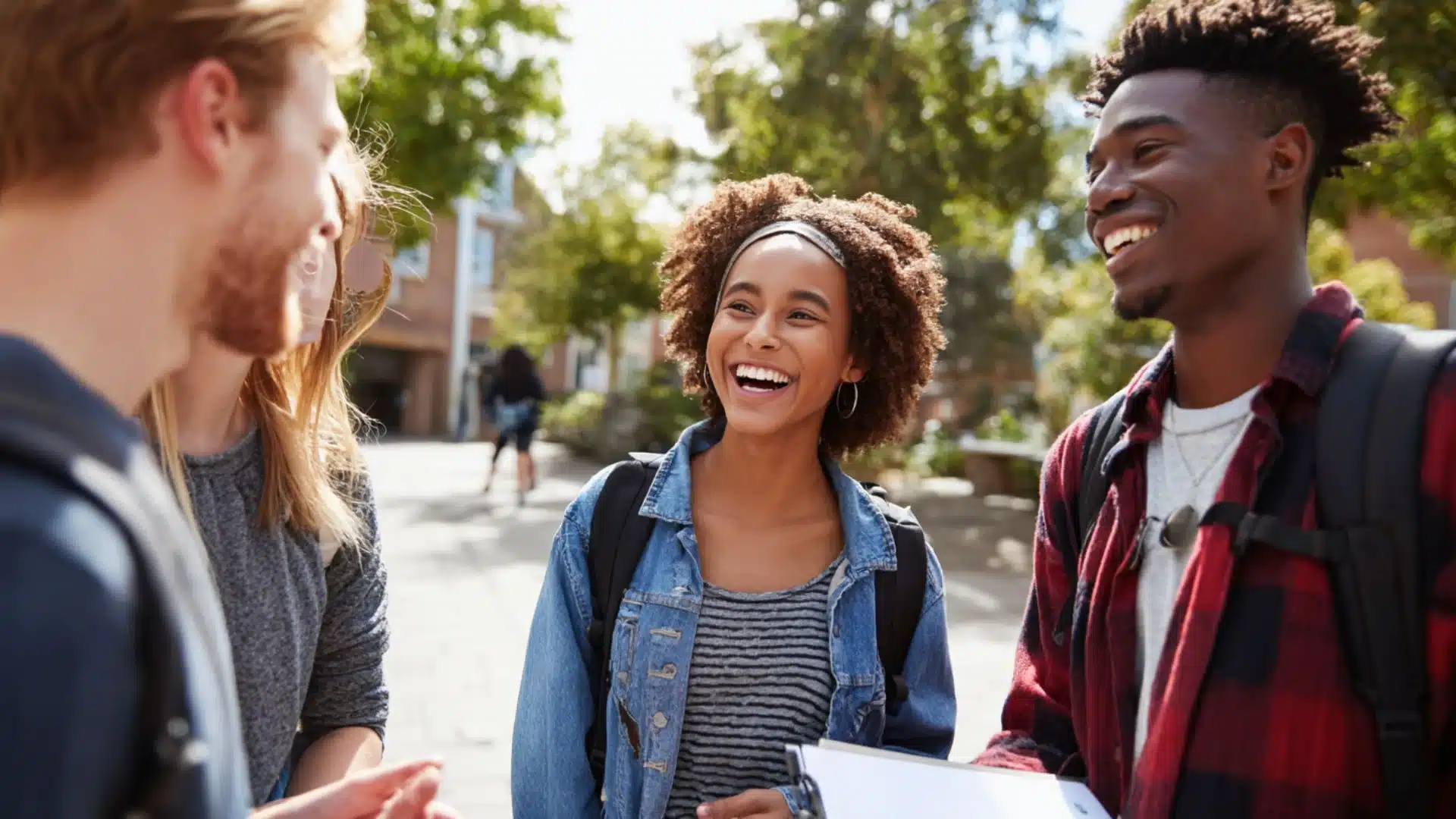 three university students smiling and talking on a sunny campus walkway holding notebooks and backpacks