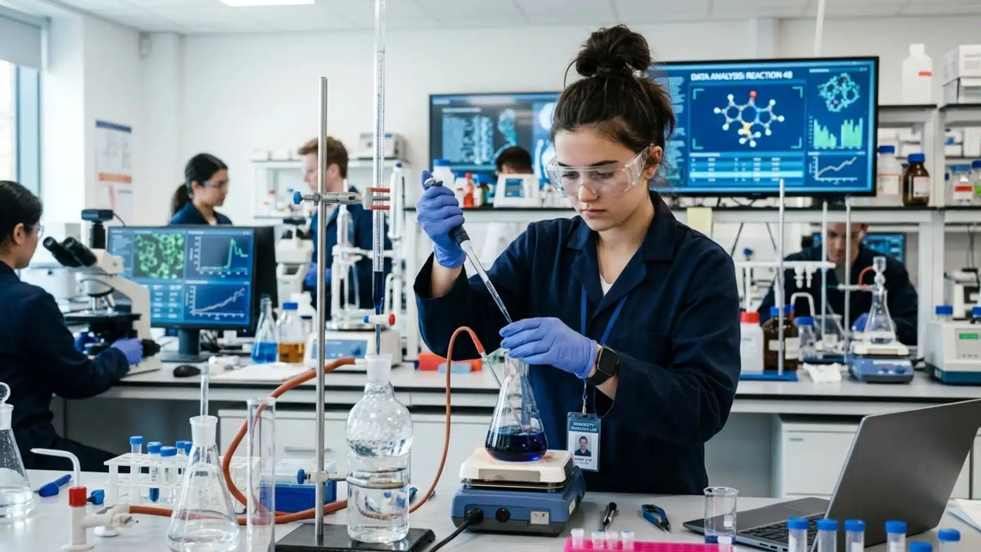 a focused female student in safety goggles pipetting blue liquid into a flask in a busy university research lab