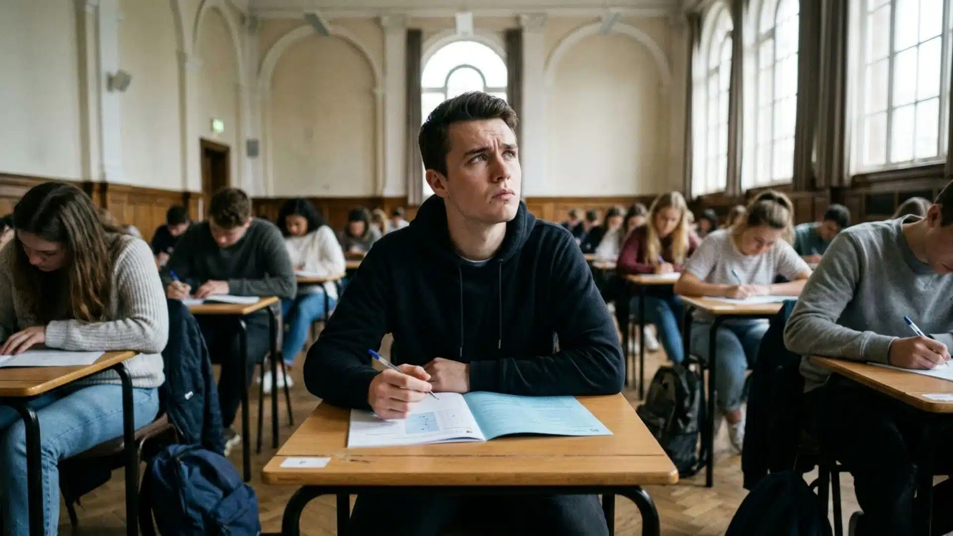 Stressed Male Student Looking Up During Exam Unable To Remember What He Studied