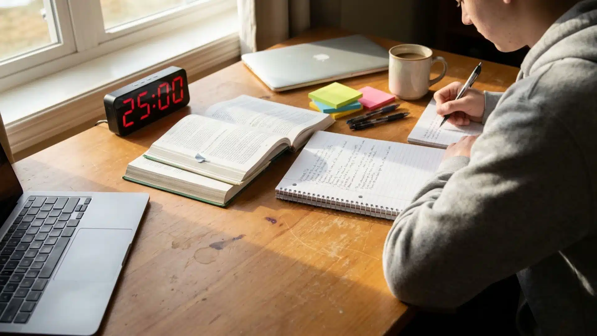student writing notes with timer clock and sticky notes on study desk