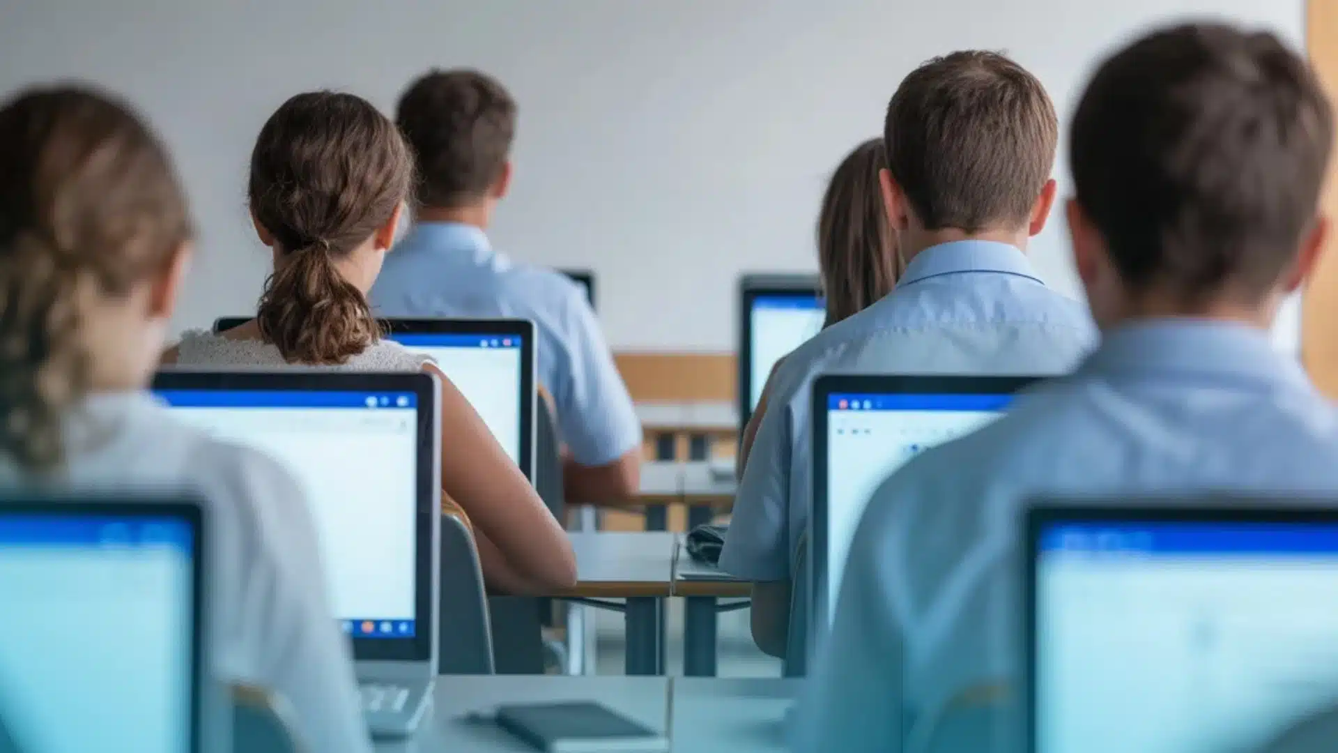 Students Sitting in Rows Taking a Digital Exam on Computers, Shot From Behind in a Bright and Modern Classroom Setting