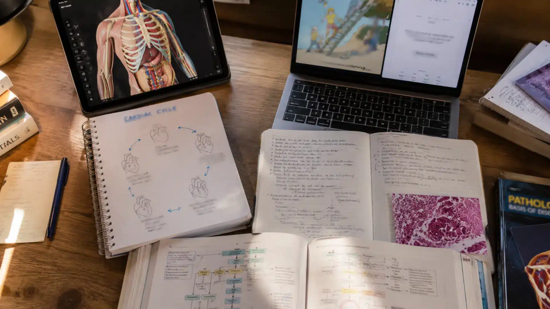 medical student desk with a 3d anatomy app on a tablet, cardiac cycle notes, sketchy open on a laptop, histology slide, and a pathology textbook