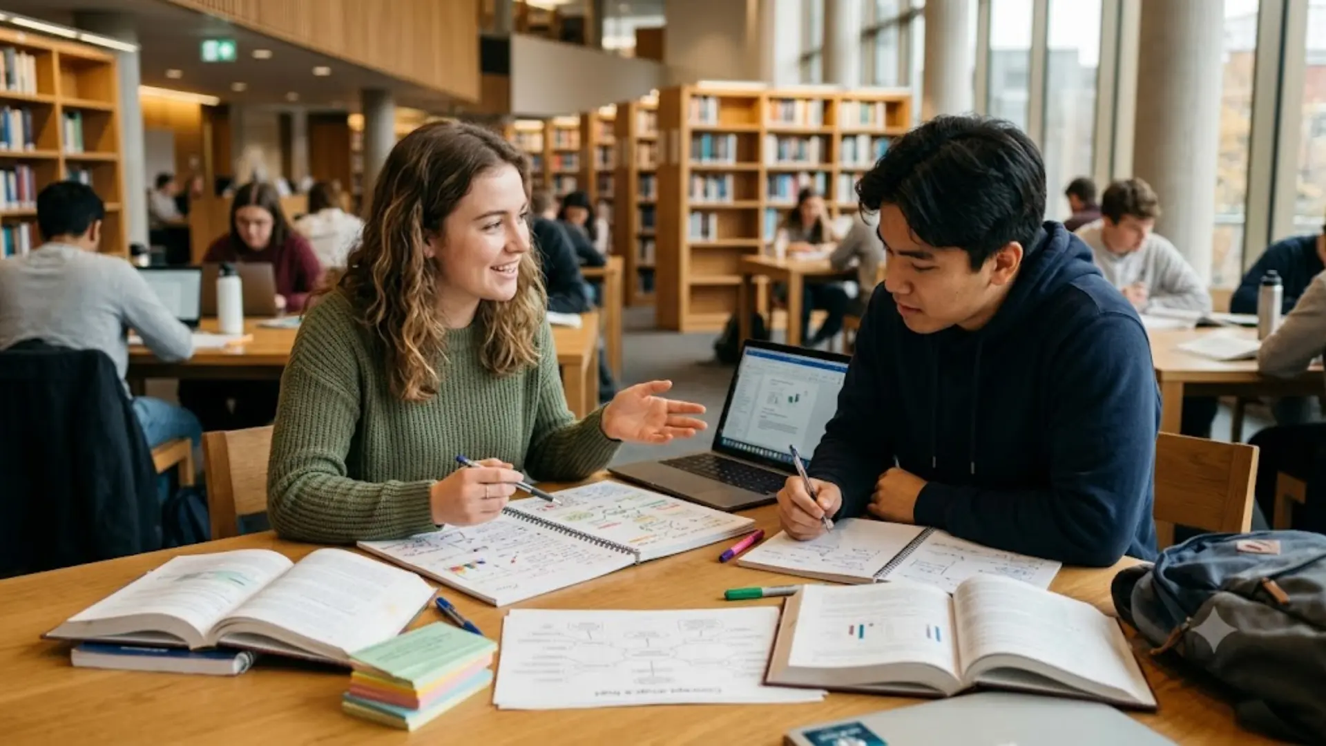 two students study at a library table, one gesturing at a notebook to explain a concept to the other