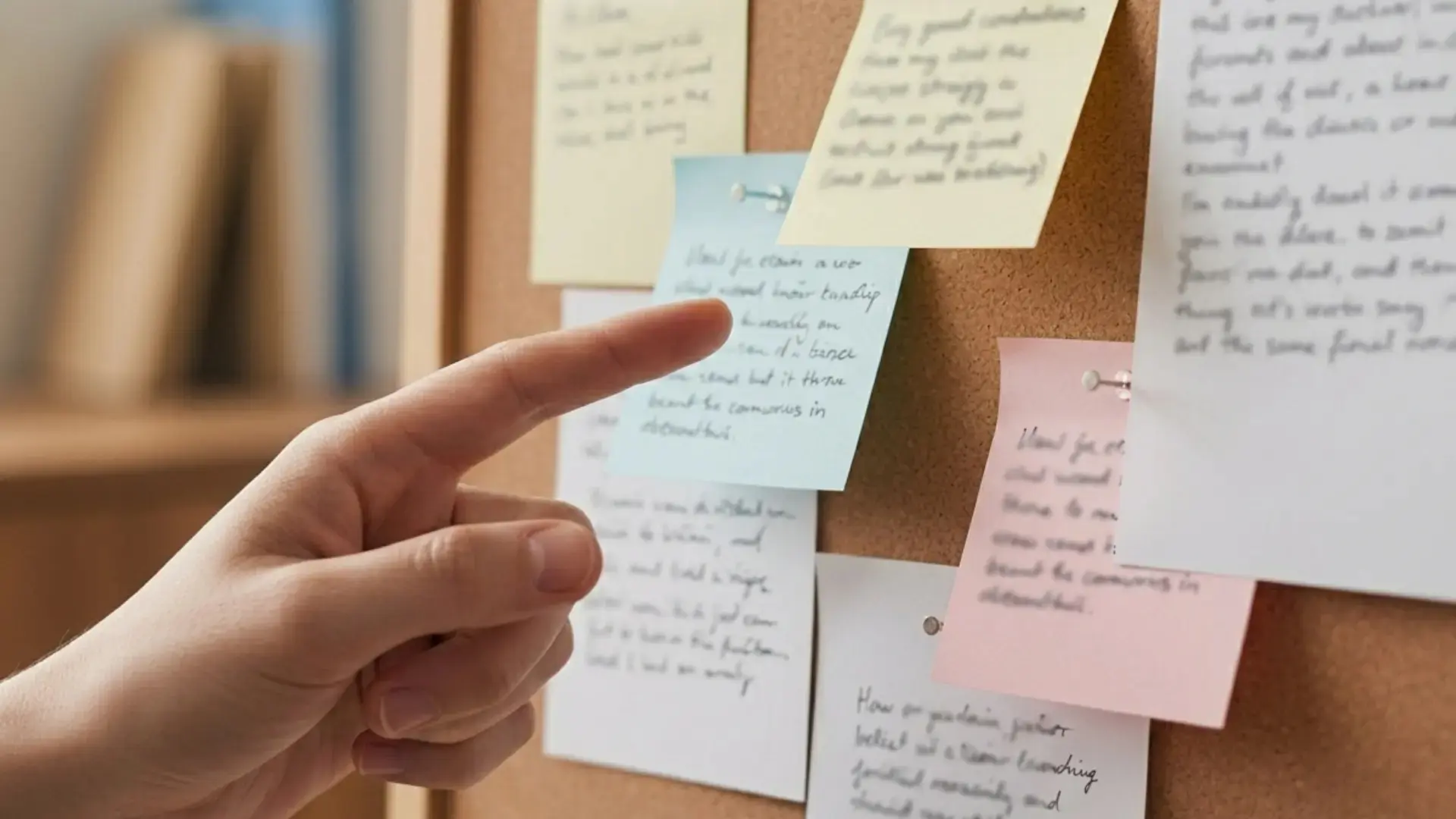 hand pointing at colorful sticky notes pinned to a corkboard, with handwritten notes blurred in the background