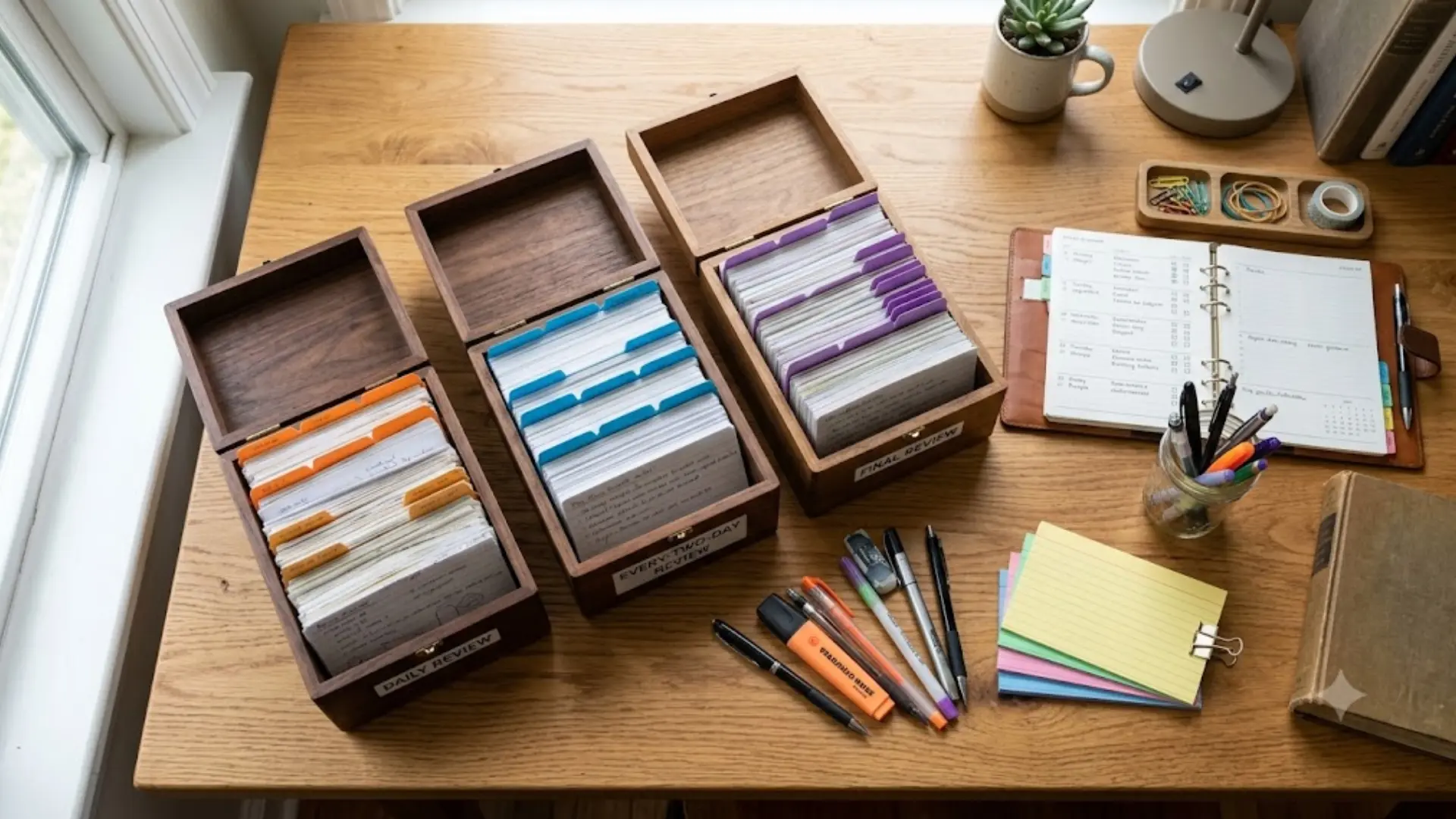 overhead view of three wooden boxes with color-coded flashcards, a study planner, and pens on a desk