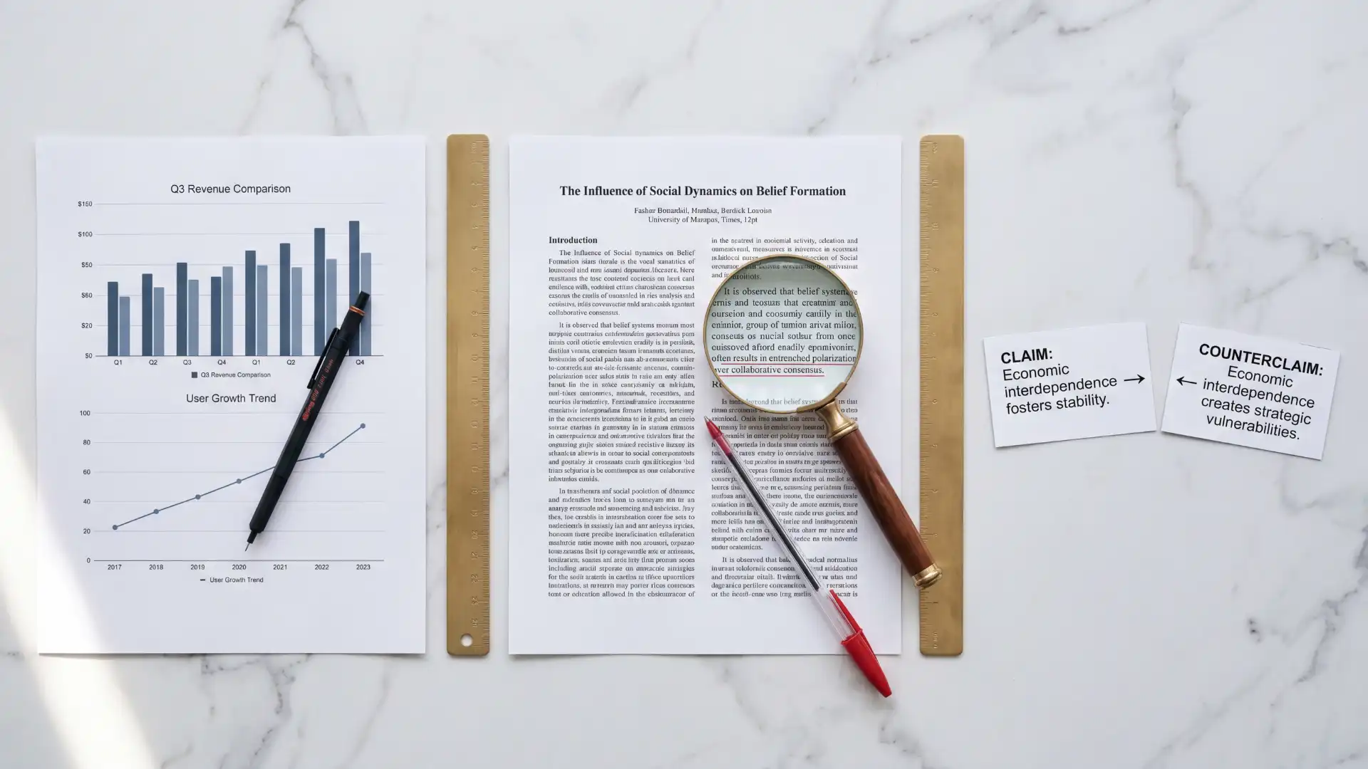 three sections on a marble surface showing a bar chart with graphs, a research paper under a magnifying glass, and two opposing claim cards separated by brass rulers