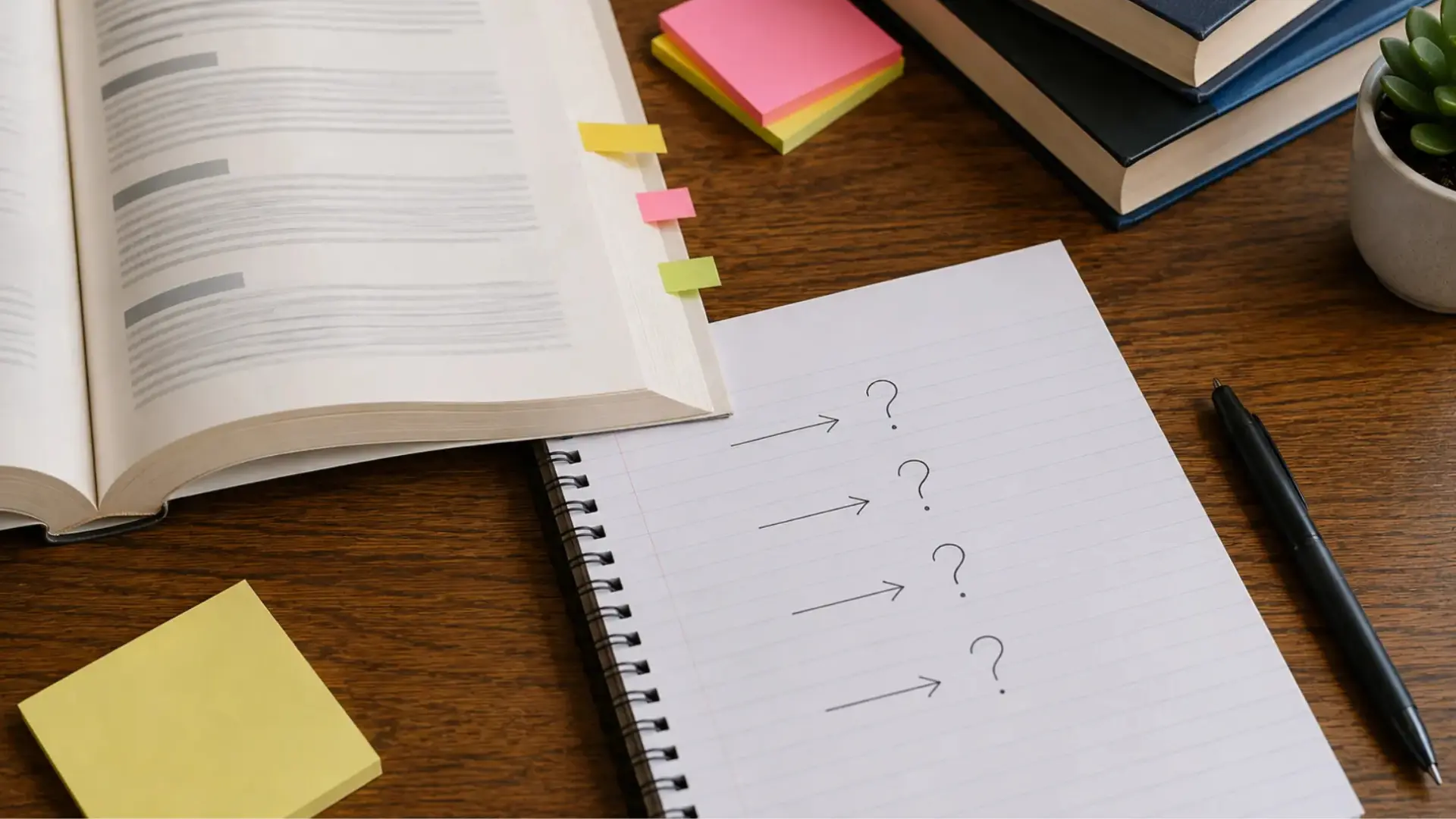 study setup with an open book, notebook, sticky notes, and pen arranged on a wooden desk for active reading practice