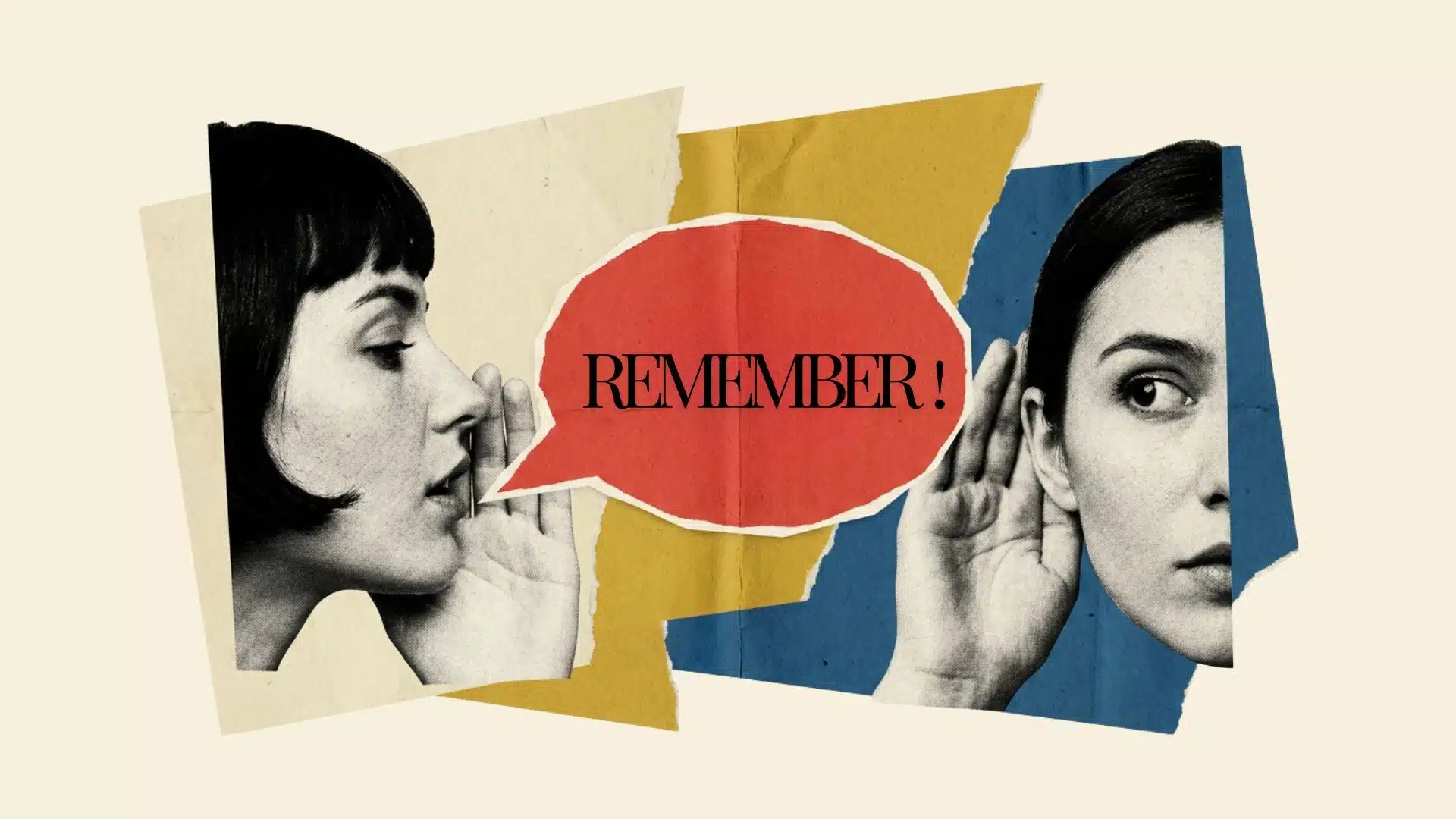 two women whispering remember in retro collage art style memory blog