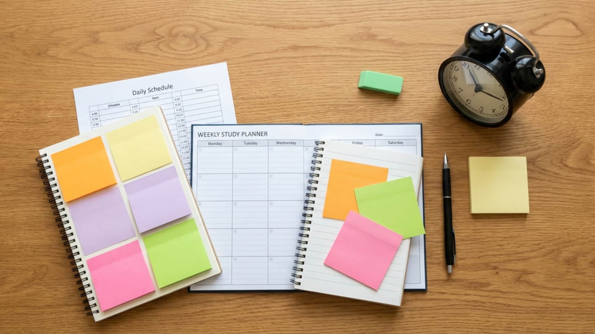 Weekly planner, schedule sheet, clock, and sticky notes on desk (1)