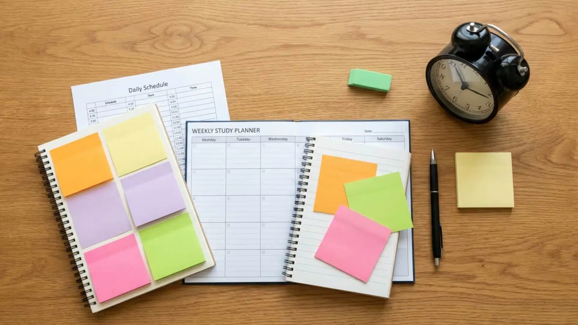 Weekly planner, schedule sheet, clock, and sticky notes on desk (1)