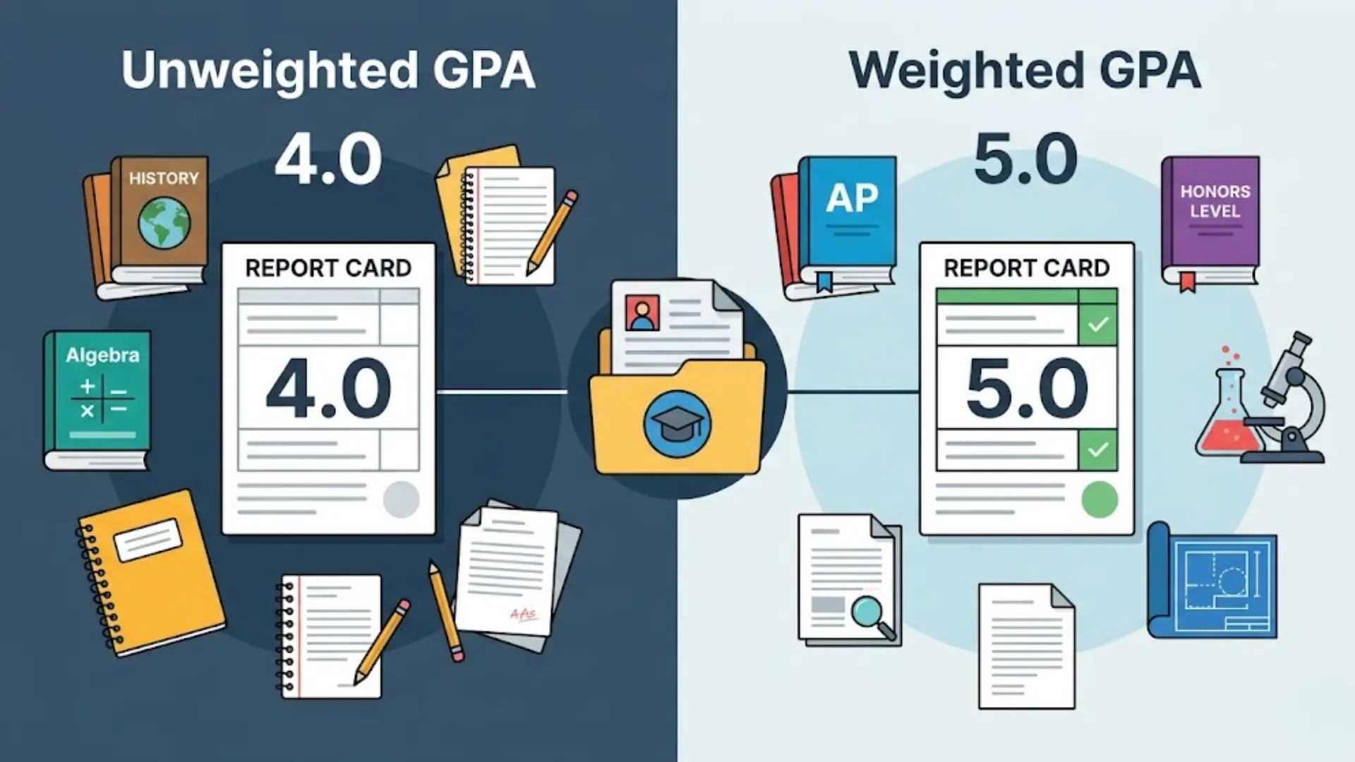 comparison chart showing unweighted GPA and weighted GPA report cards with ap and honors level course icons