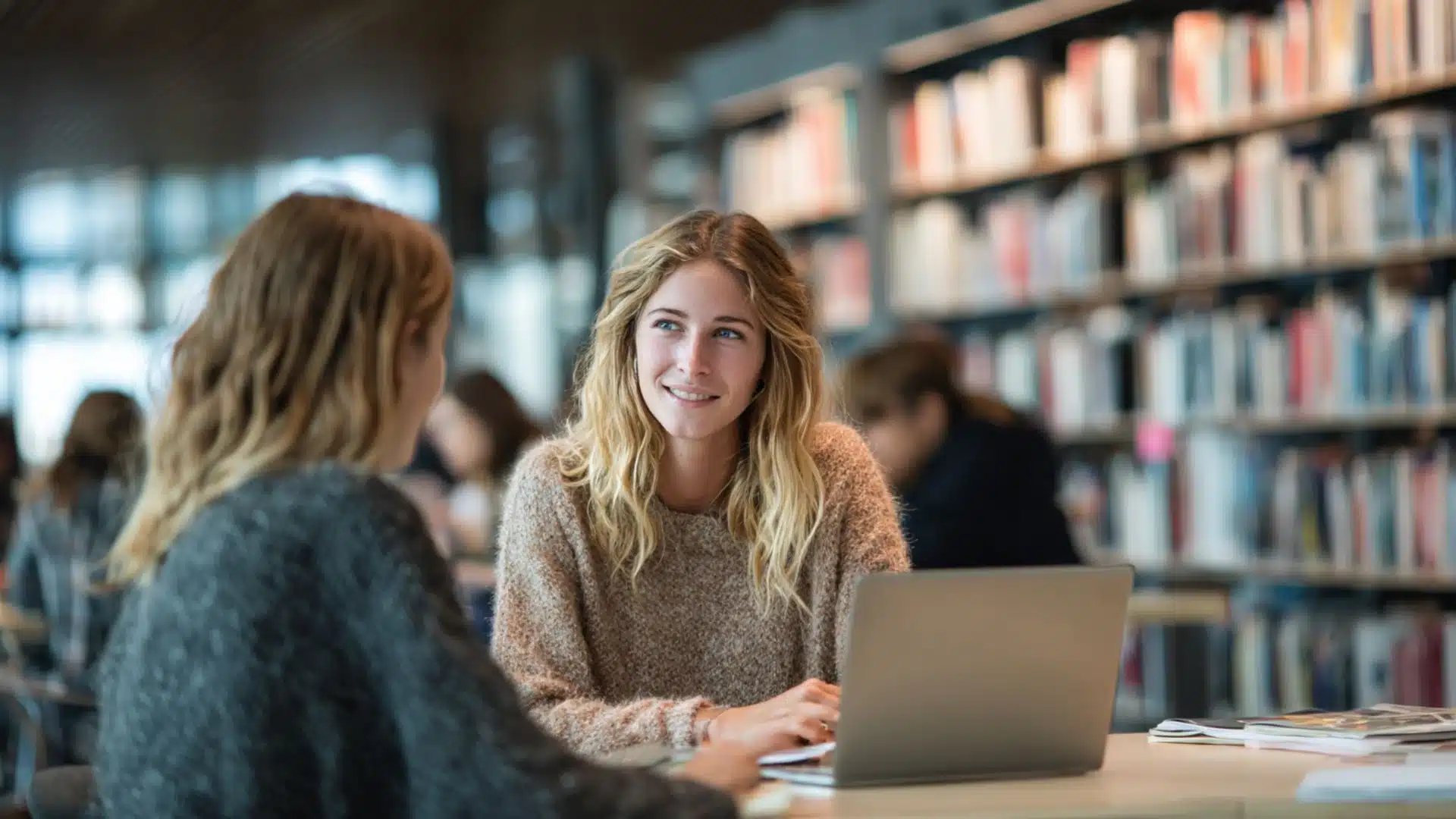 two individuals having a conversation in a library, showing how talking to someone helps manage test anxiety