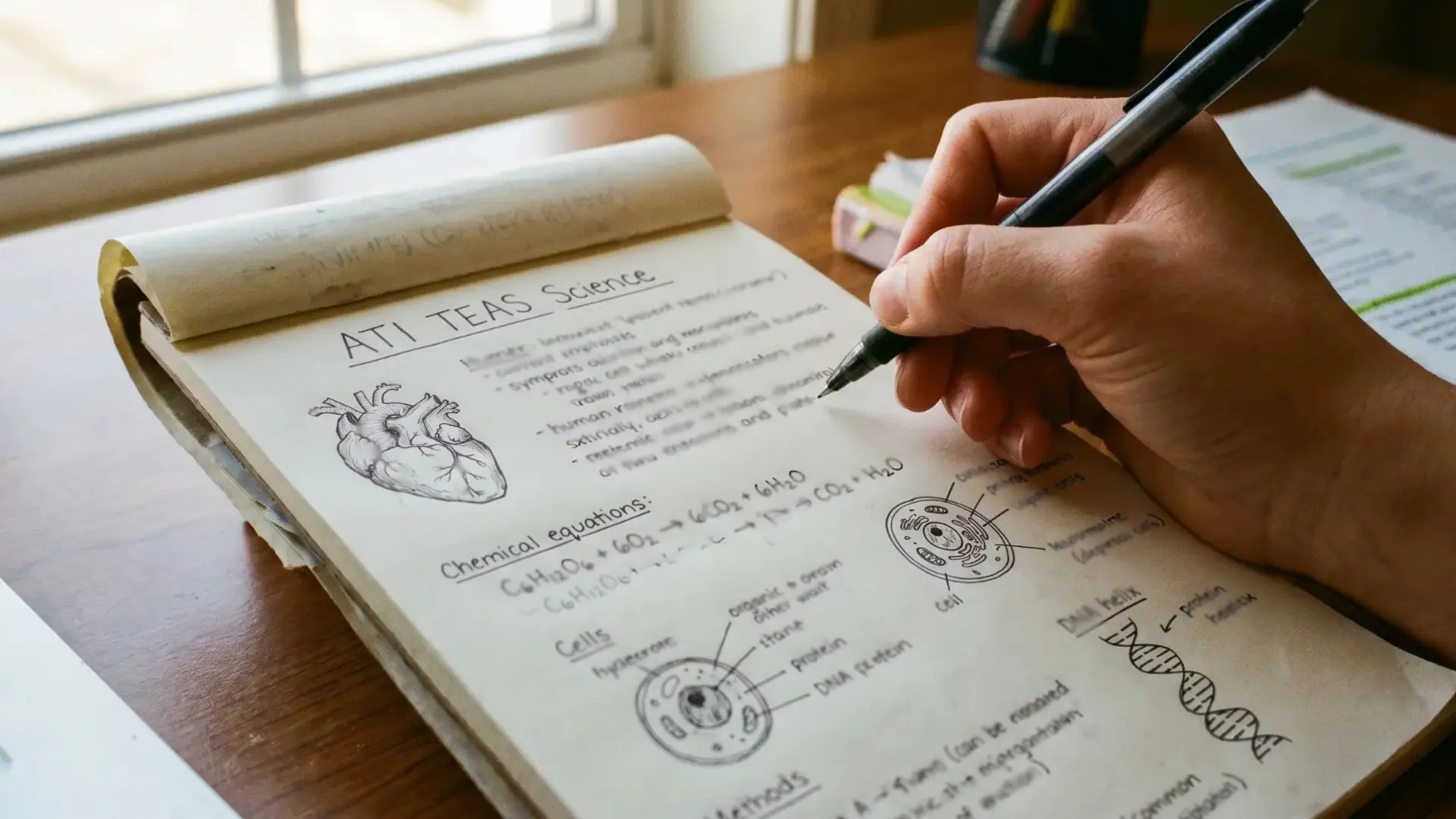 close up of a hand writing science notes and diagrams on a notepad with ati teas science written at the top of the page (1)