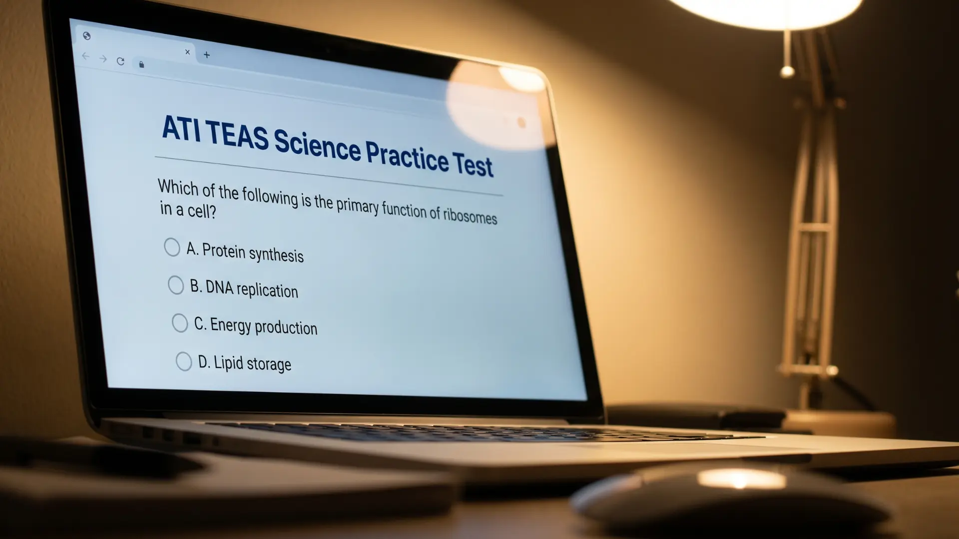 close up of a computer screen displaying a multiple choice science question for the ati teas practice test