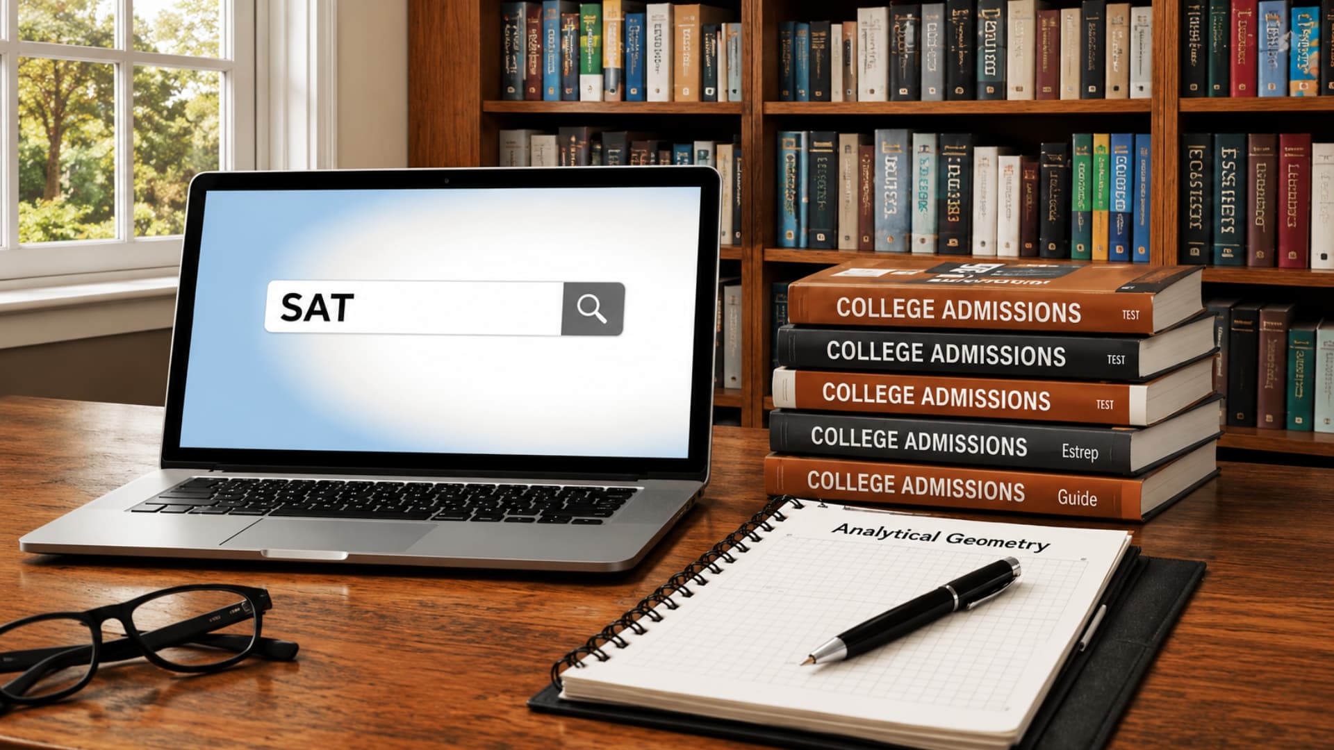 Student SAT preparation setup with laptop, college admissions books, notebook, and library study desk scene