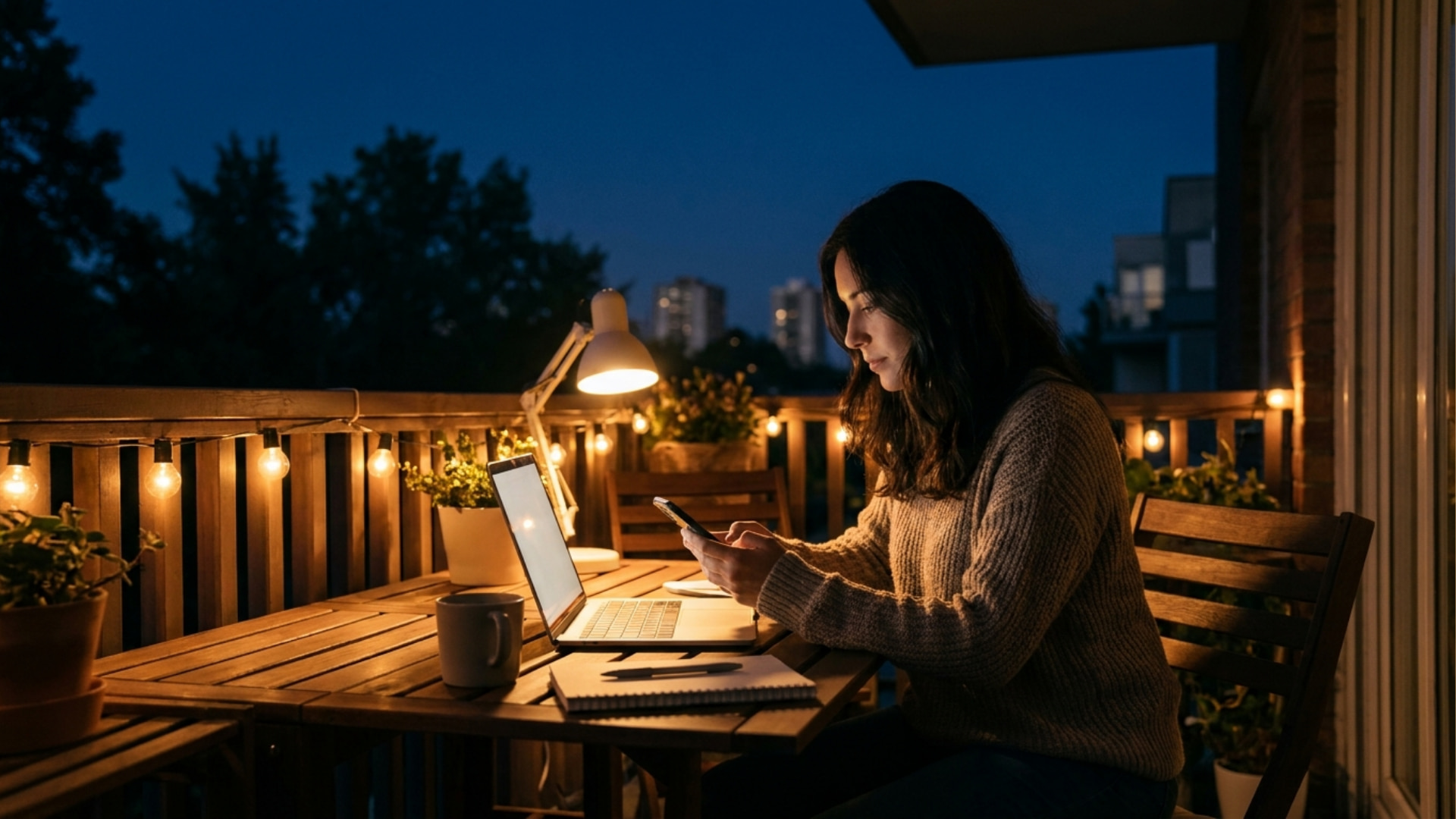 Digital SAT student studying at night on a balcony with laptop and smartphone, cozy remote study setup with warm lights and city skyline background.