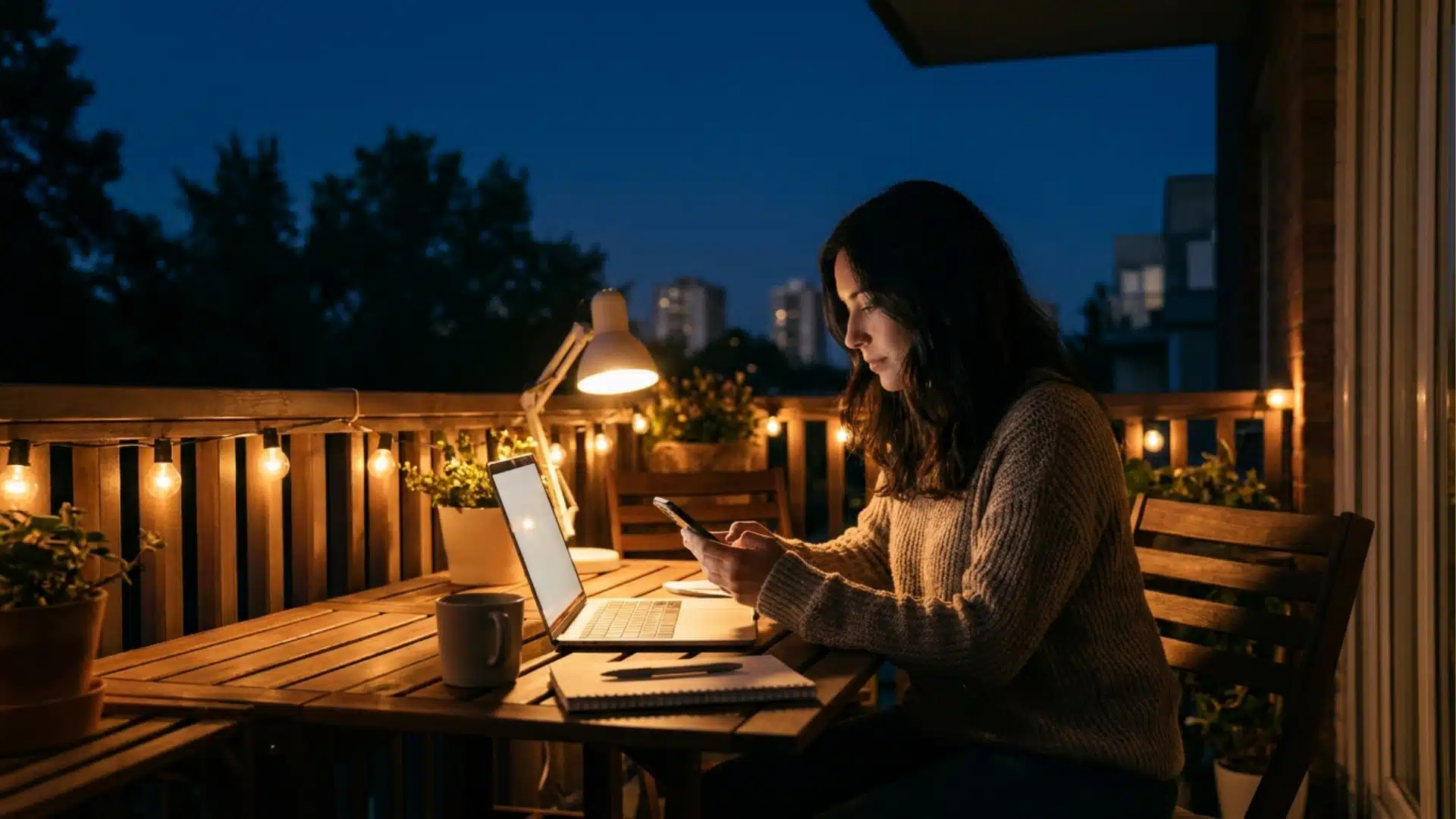 Digital SAT student studying at night on a balcony with laptop and smartphone, cozy remote study setup with warm lights and city skyline background.