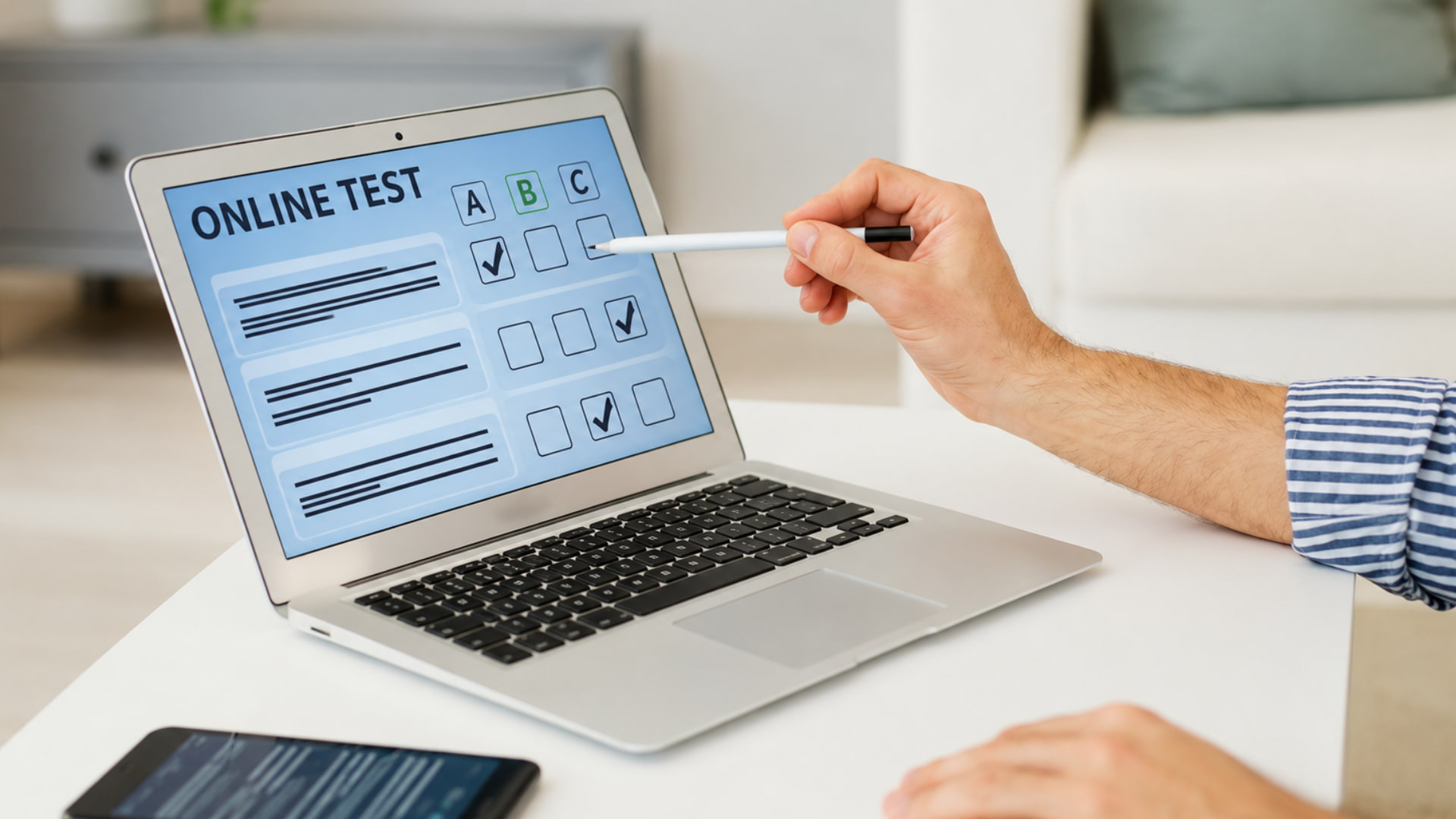 Person taking an online test on a laptop with digital quiz interface, stylus input and remote learning setup