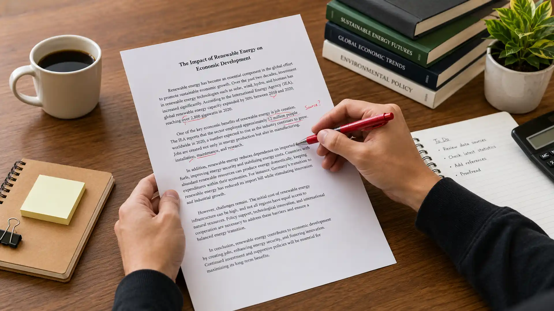 person reviewing a printed report with a red pen at a desk, checking facts and editing a research document