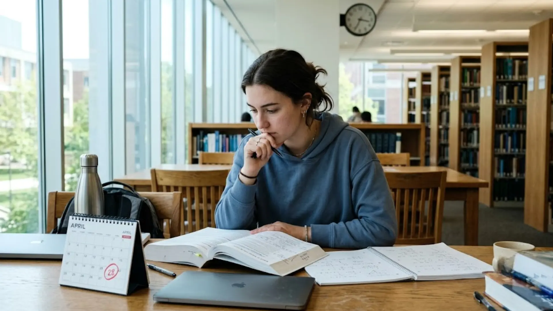 student studying in a library with textbooks, notebooks, and a laptop at a desk