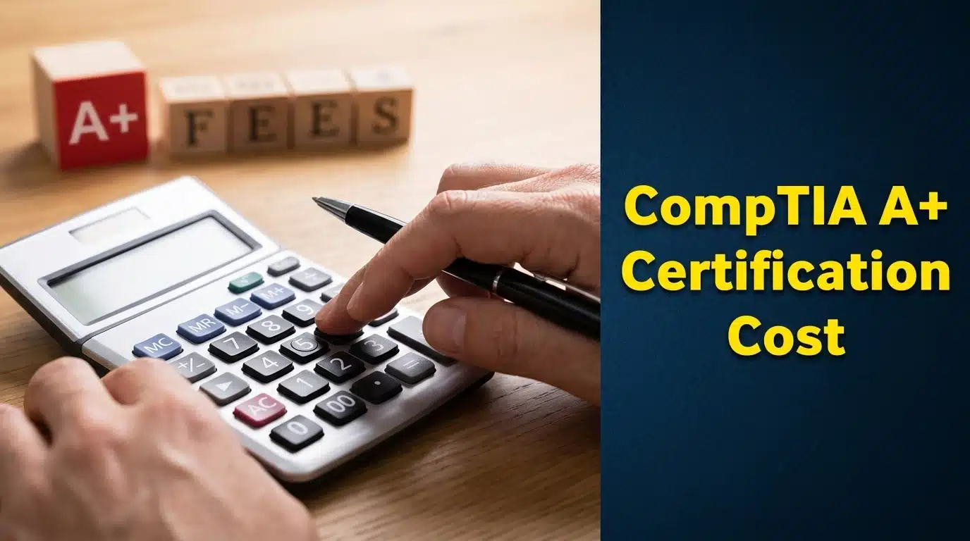 a calculator beside letter blocks with A+ FEES next to text reading CompTIA A+ Certification Cost