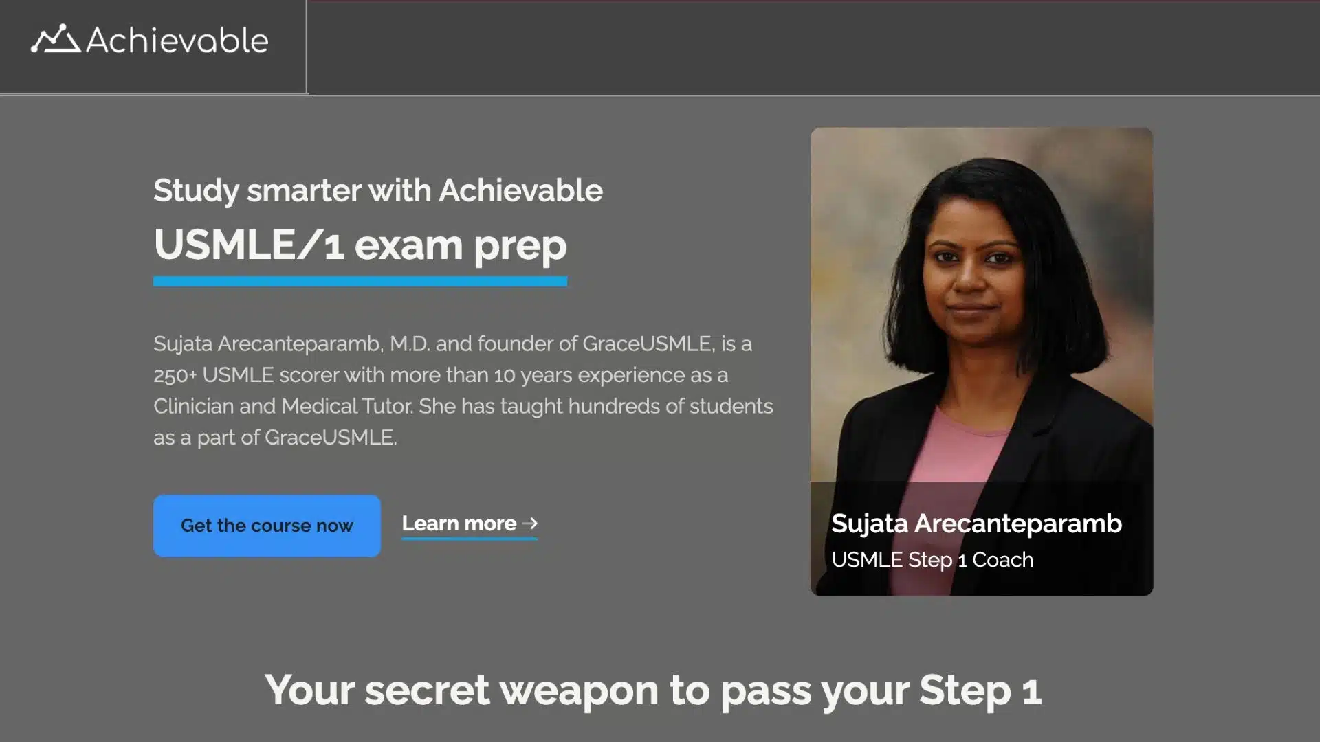 achievable usmle step 1 prep course homepage featuring instructor sujata arecanteparamb, m.d. and course details