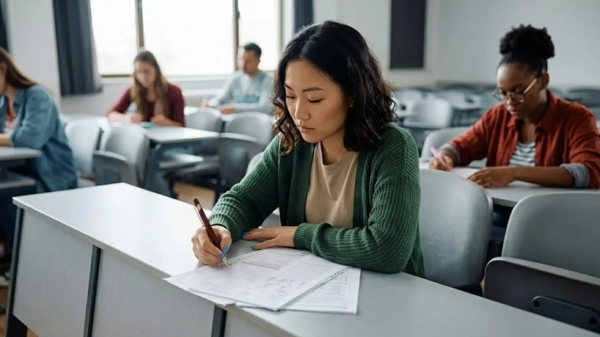 student preparing for act grammar test while writing answers in classroom with classmates