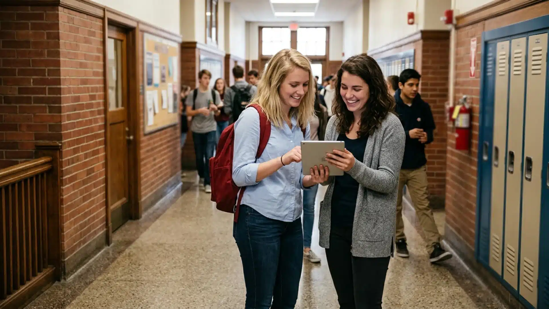 two female students walk through a hallway while looking at a tab, with other students, brick walls, and lockers around them