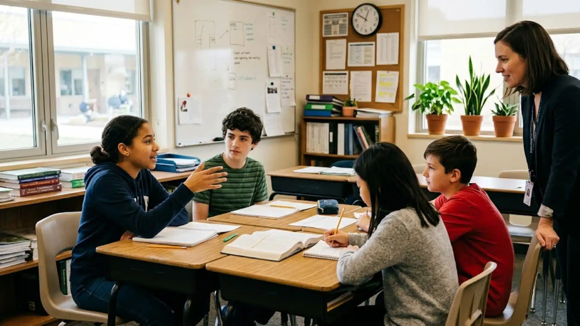 students discussing schoolwork at a shared desk while a teacher listens and offers guidance
