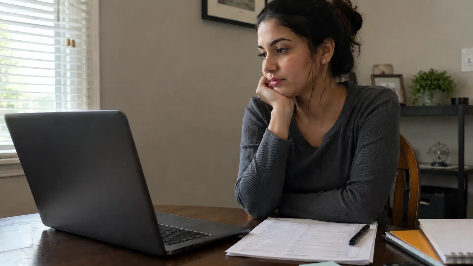 woman resting her chin on her hand looking thoughtfully at a laptop with paperwork nearby