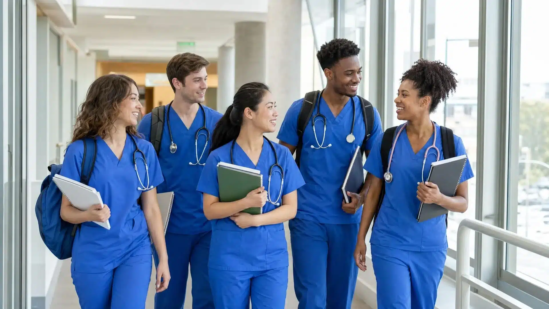 diverse nursing students in blue scrubs walking through a university corridor holding notebooks and backpacks