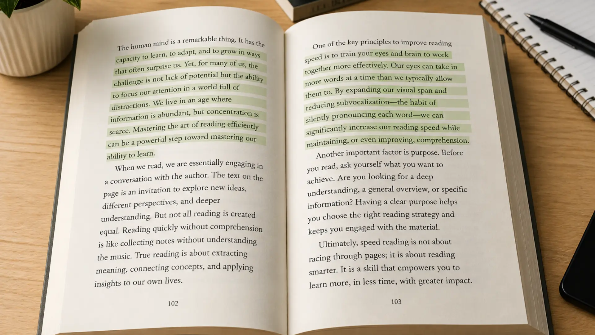 open book with highlighted passages about improving reading speed and comprehension on a wooden desk