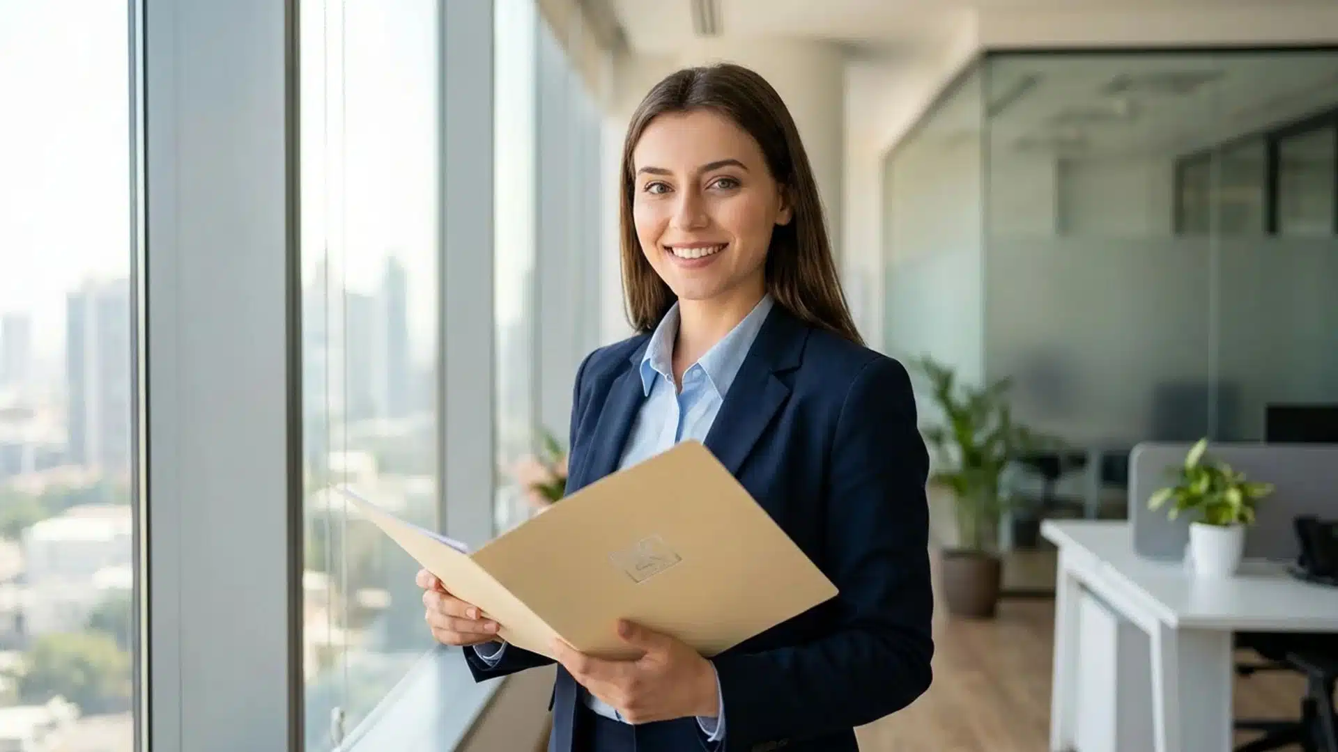 a smiling young female professional in a navy blazer holding an open certification folder by a large office window