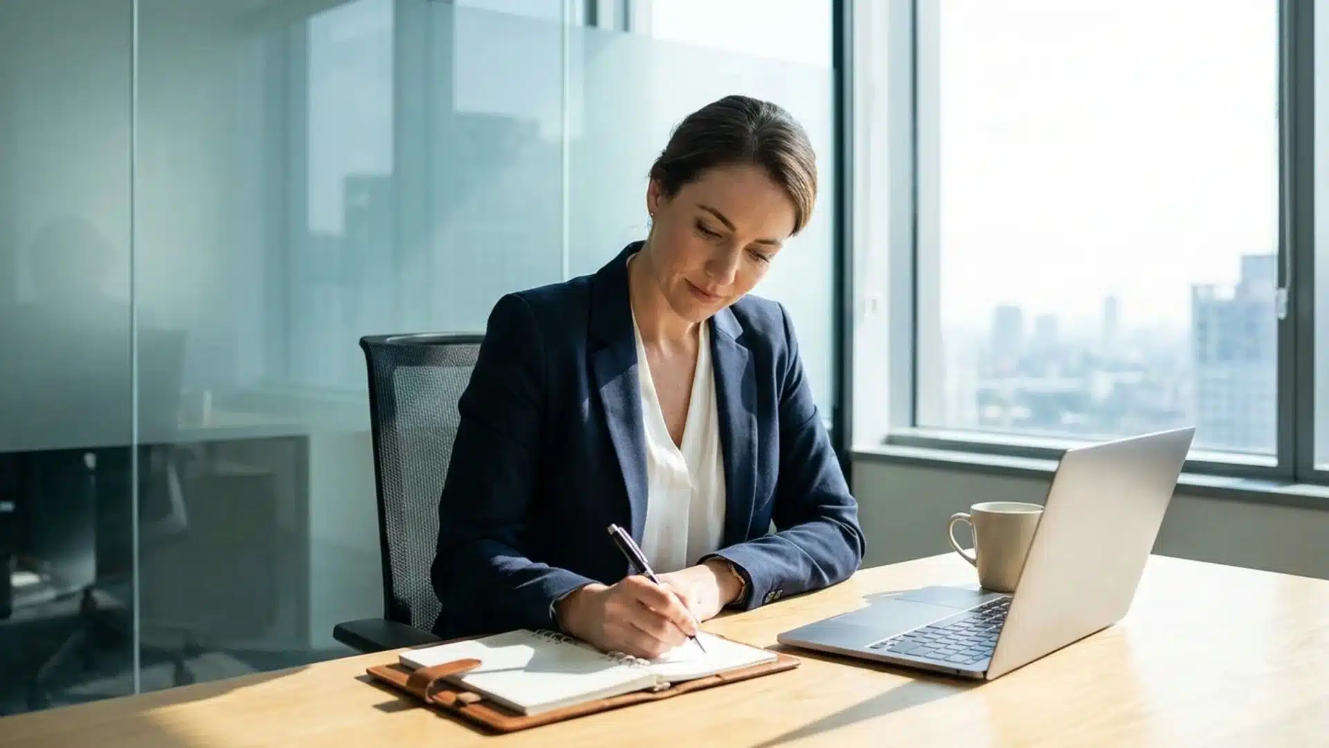 a focused female professional in a navy blazer writing notes at a desk with a laptop and coffee cup beside her