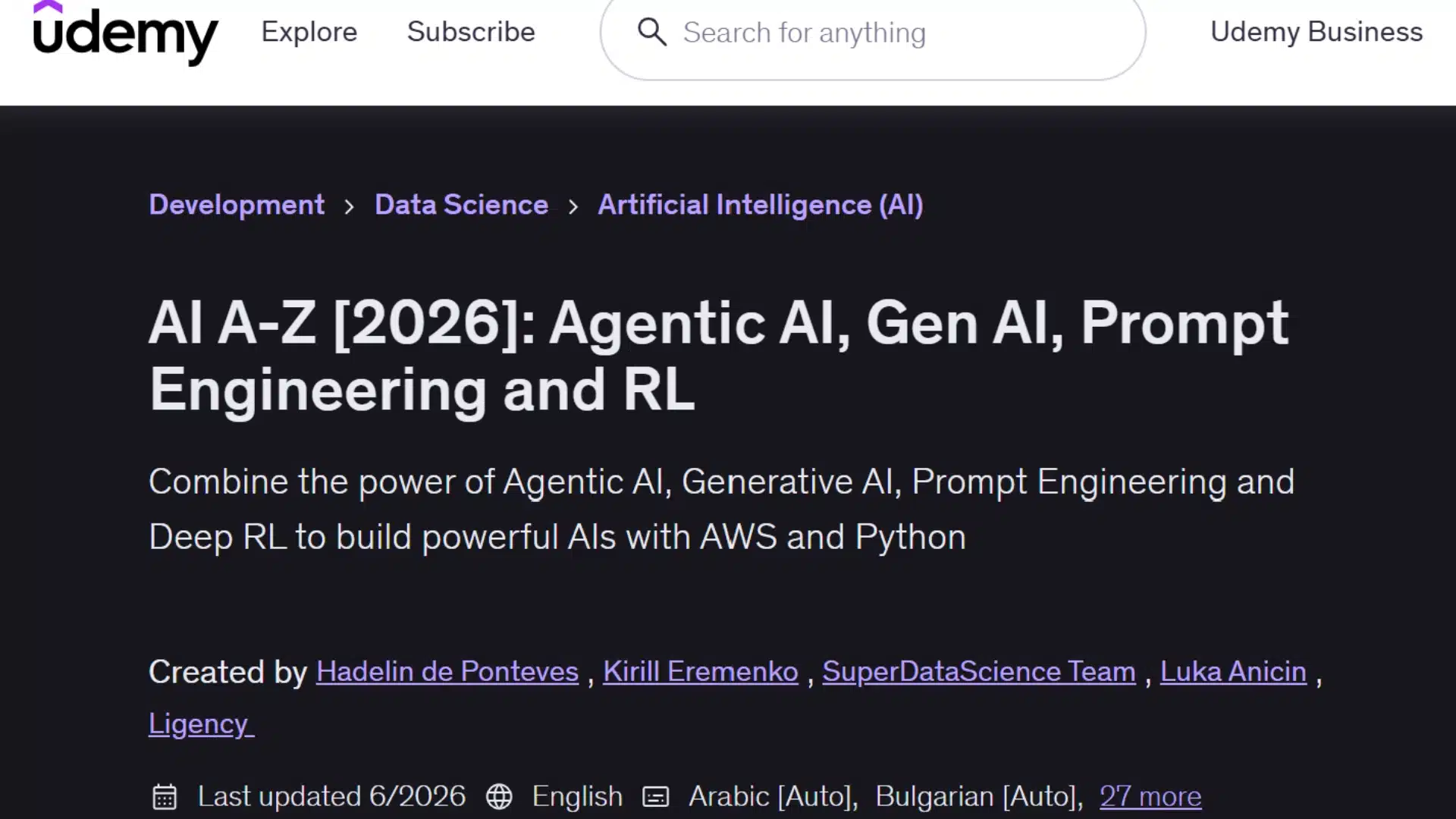 udemy artificial intelligence course focused on agentic ai, generative ai, prompt engineering and coding